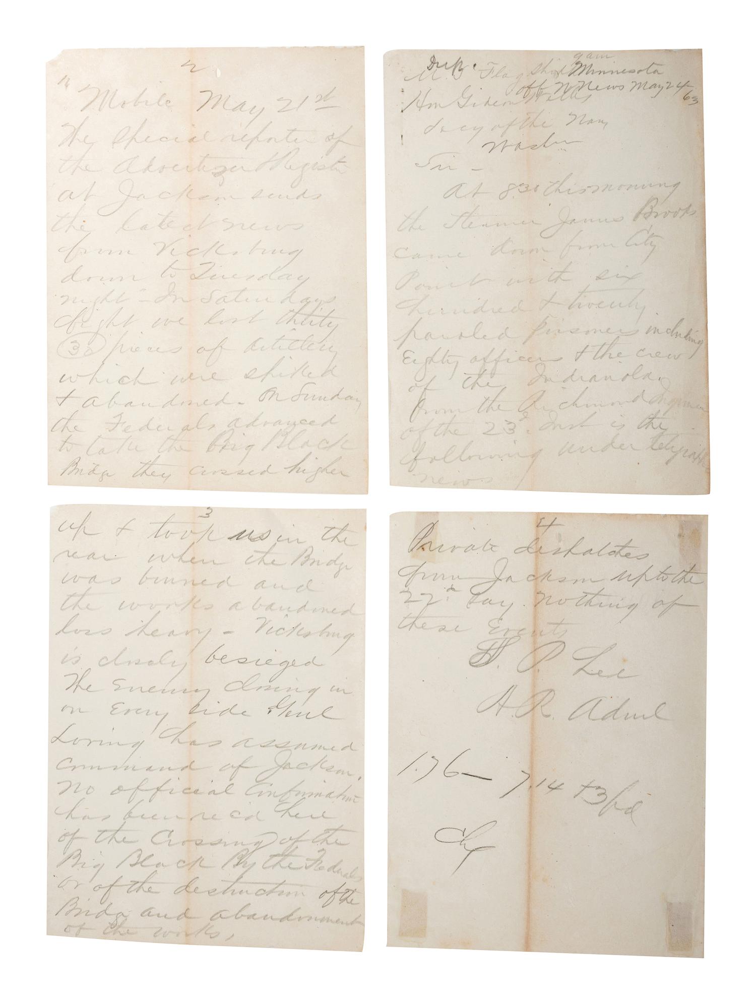 [CIVIL WAR - US NAVY]. LEE, Samuel Phillips (1812-1897). A group of 7 documents related to Rear Admiral Samuel P. Lee, incl. Vicksburg content and preparations for the Battle of Nashville.