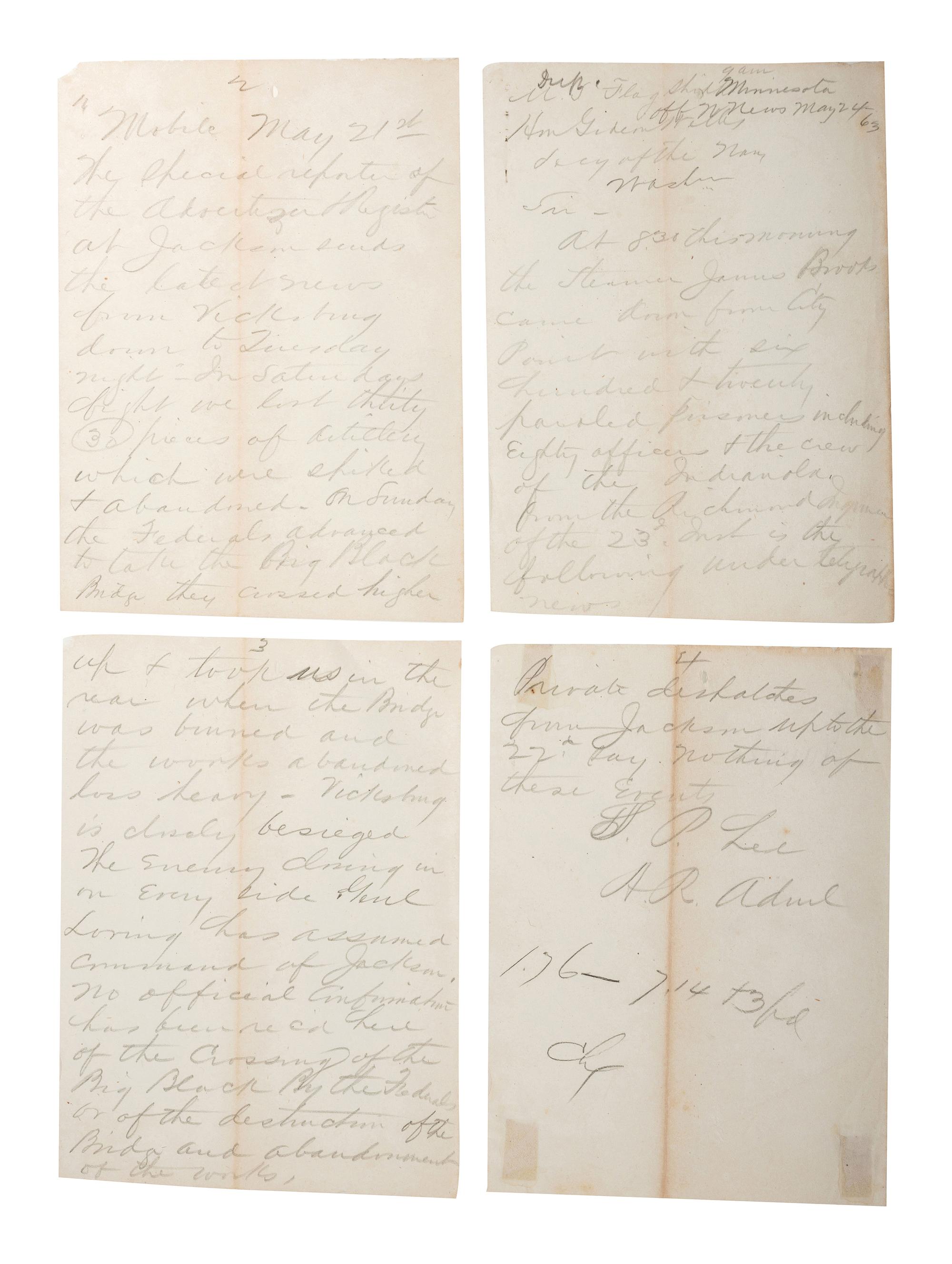 [CIVIL WAR - US NAVY]. LEE, Samuel Phillips (1812-1897). A group of 7 documents related to Rear Admiral Samuel P. Lee, incl. Vicksburg content and preparations for the Battle of Nashville.