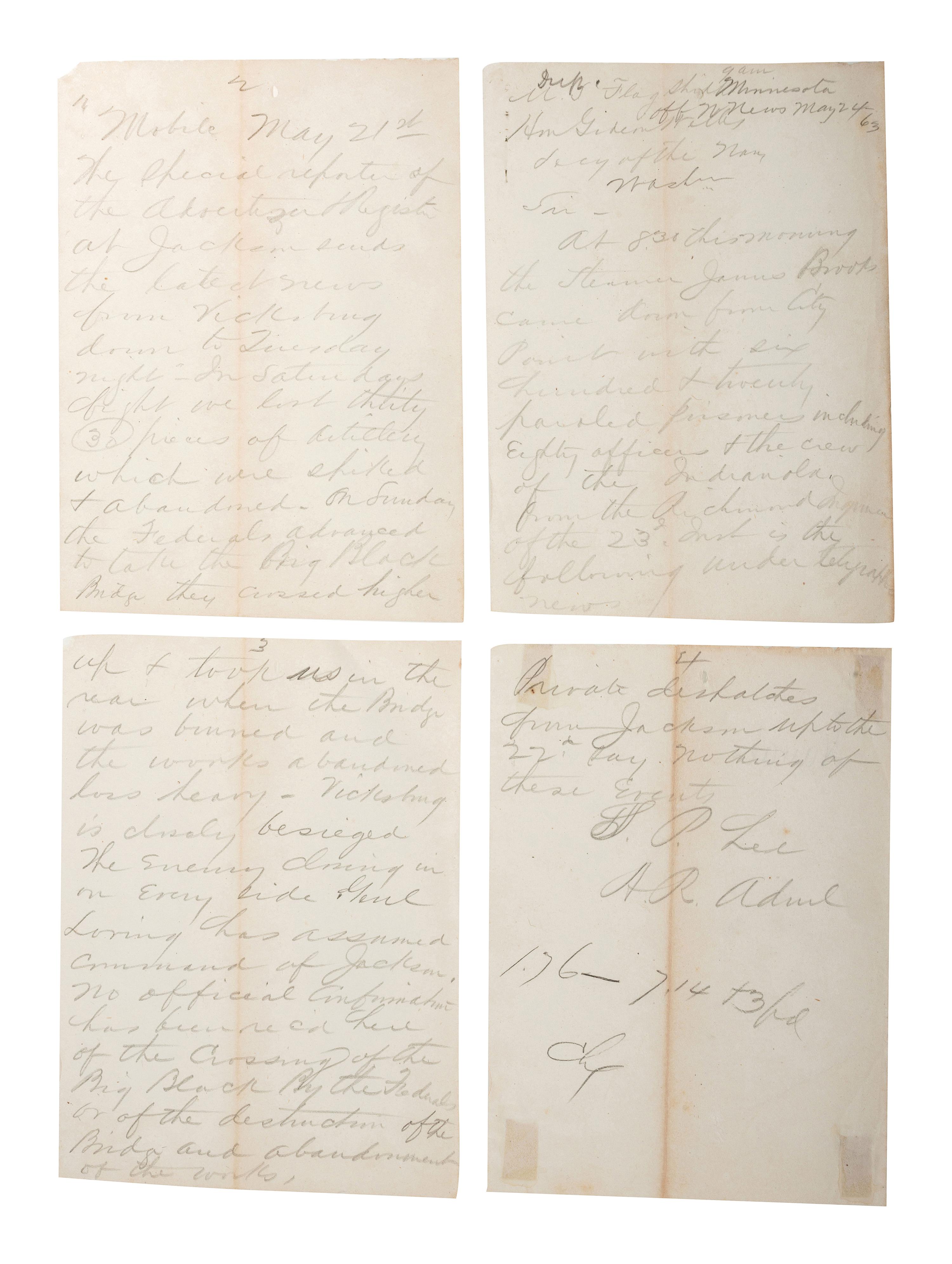 [CIVIL WAR - US NAVY]. LEE, Samuel Phillips (1812-1897). A group of 7 documents related to Rear Admiral Samuel P. Lee, incl. Vicksburg content and preparations for the Battle of Nashville.