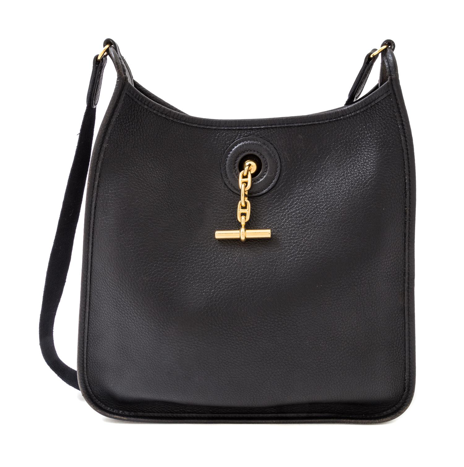 An Hermes Black Leather Vespa Bag, 11" x 11" x 3"; Strap drop: 18.5".
