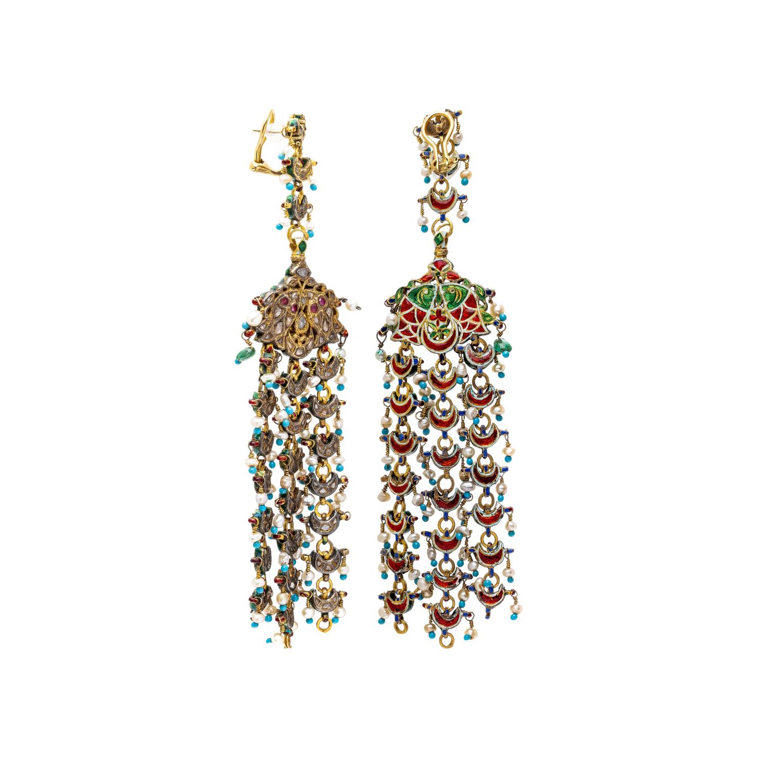 MUGHAL, DIAMOND, MULTIGEM, AND YELLOW GOLD EARRINGS