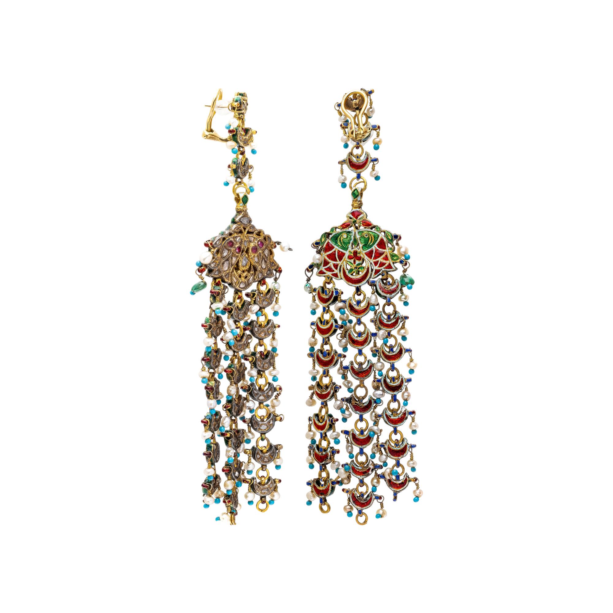 MUGHAL, DIAMOND, MULTIGEM, AND YELLOW GOLD EARRINGS