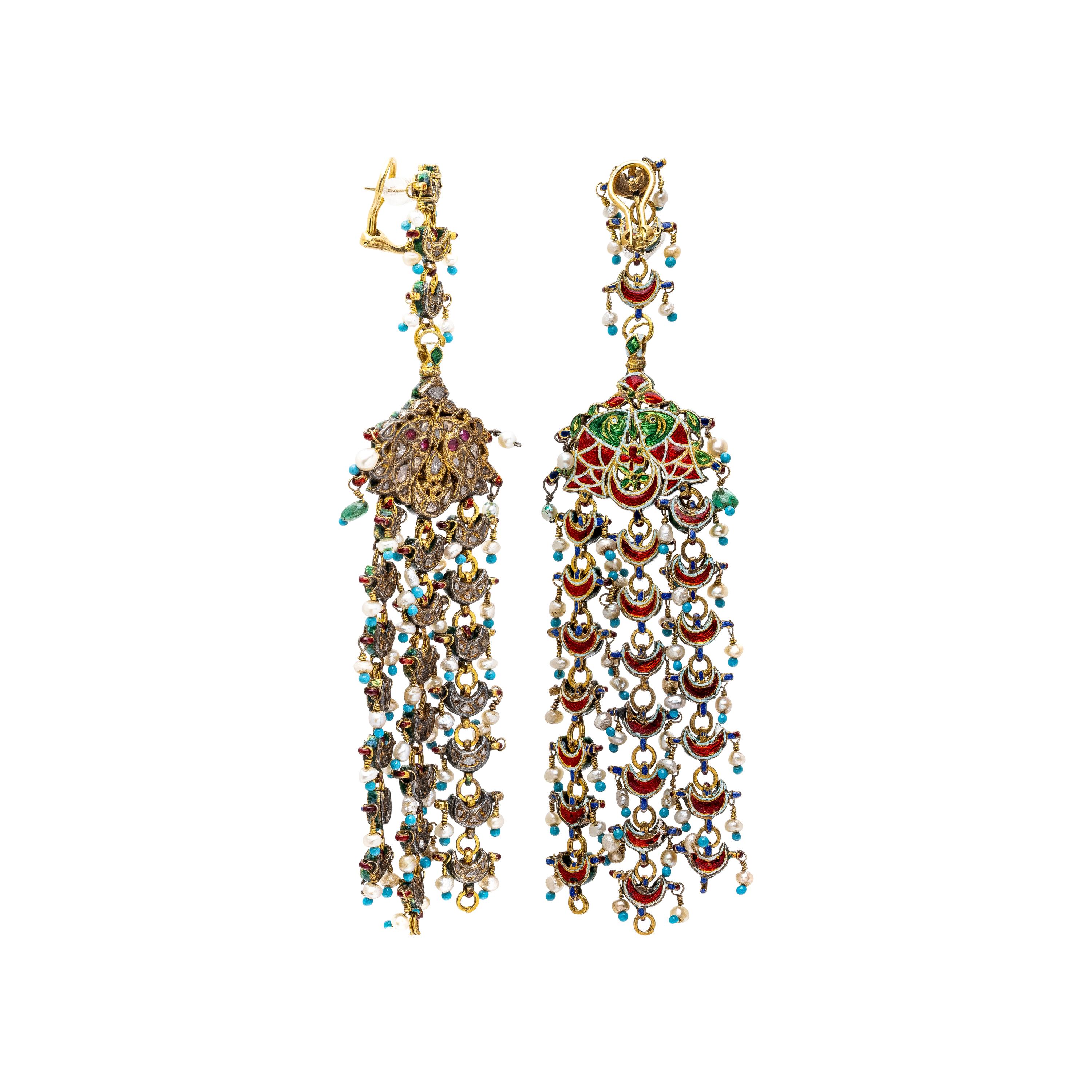 MUGHAL, DIAMOND, MULTIGEM, AND YELLOW GOLD EARRINGS