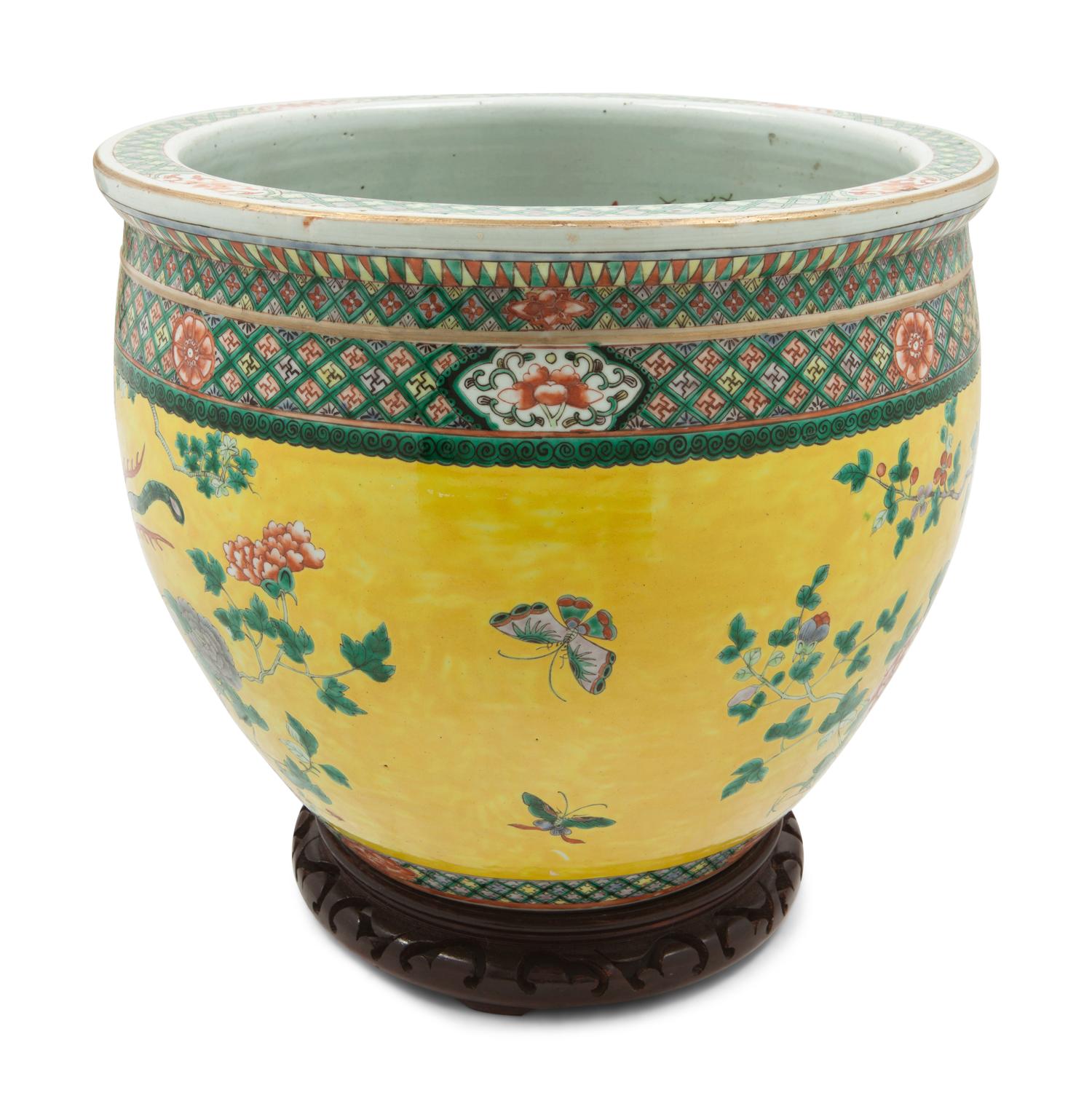 A Chinese Yellow Ground Famille Rose Porcelain Fish Bowl