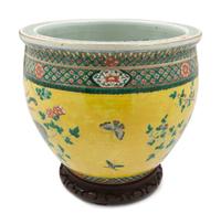 A Chinese Yellow Ground Famille Rose Porcelain Fish Bowl
