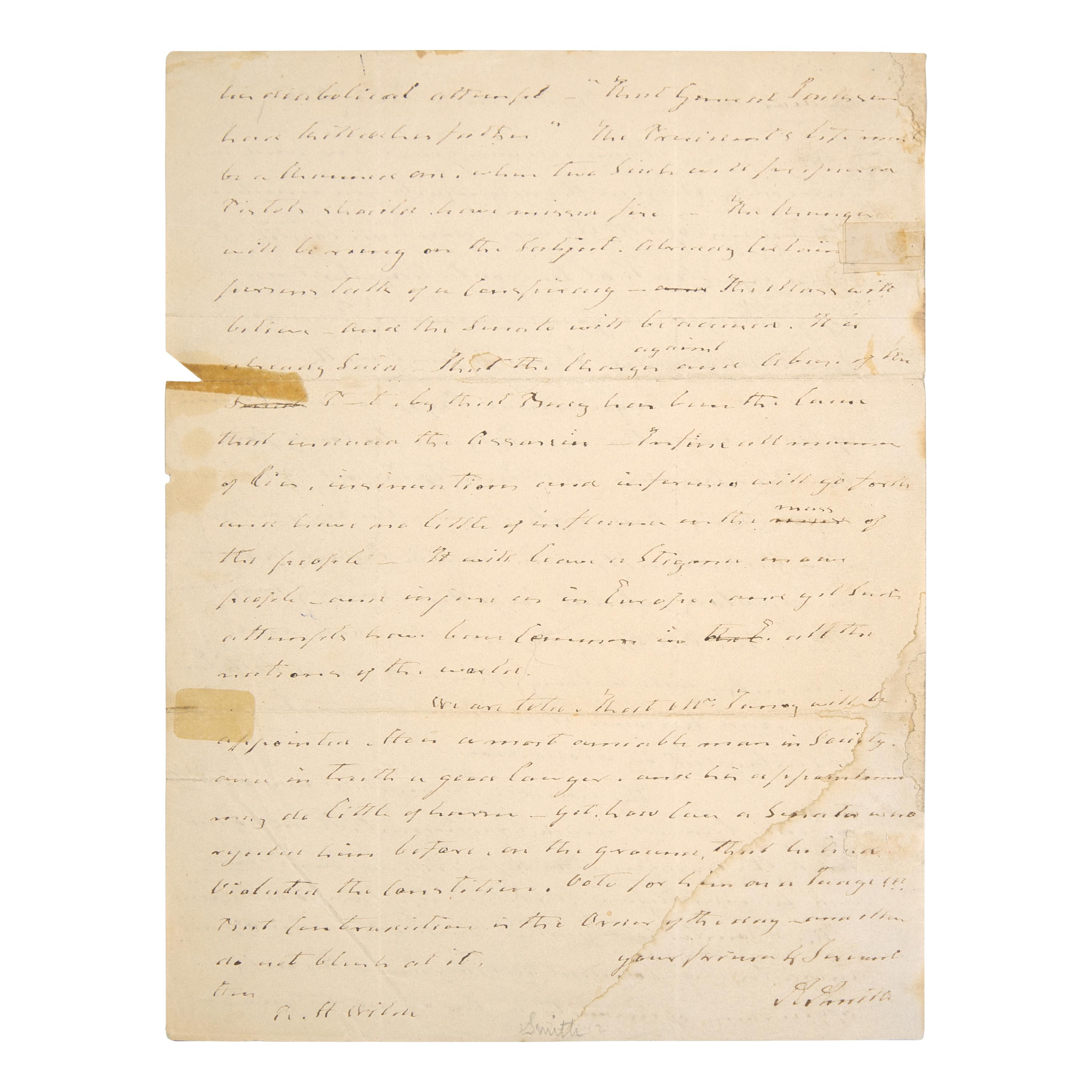 [Jackson, Andrew (1767-1845)]. Smith, Robert (1757-1842). Autograph letter signed ("R. Smith"), Baltimore, 7 February 1835.