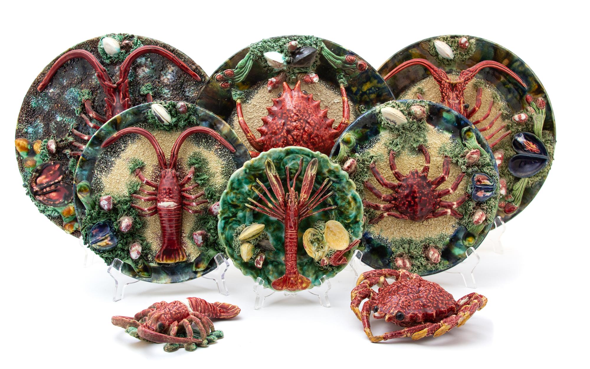 A Group of Palissy Style Trompe L'Oeil Majolica Plates Diameter of largest 13 inches. — 20TH CENTURY