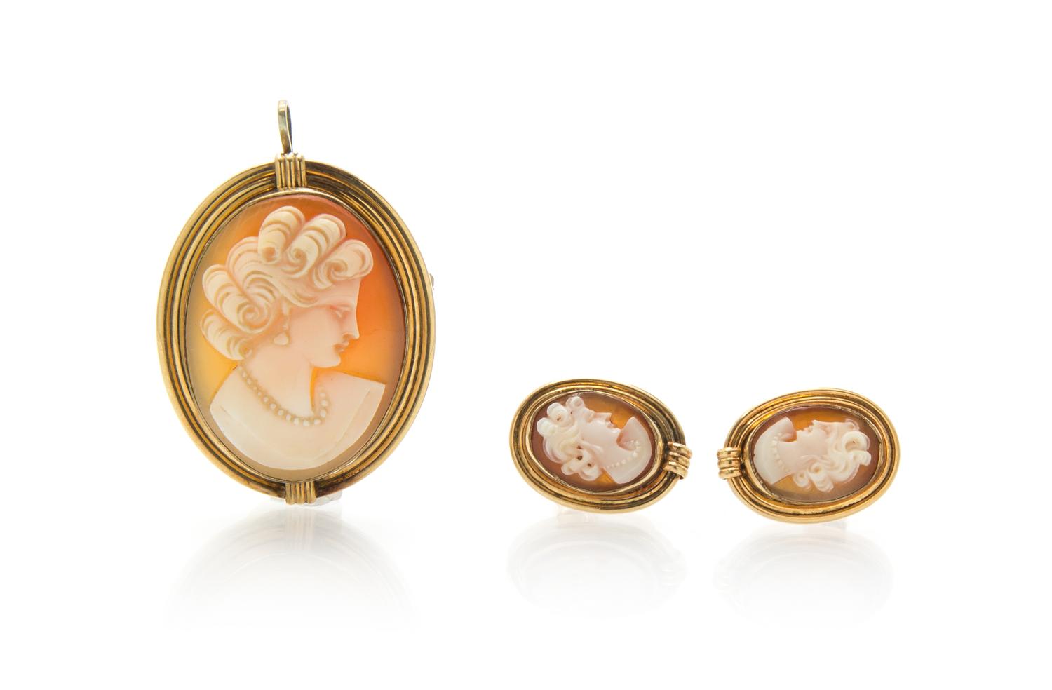 A Gold Tone and Shell Cameo Demi Parure, 8.90 dwts.
