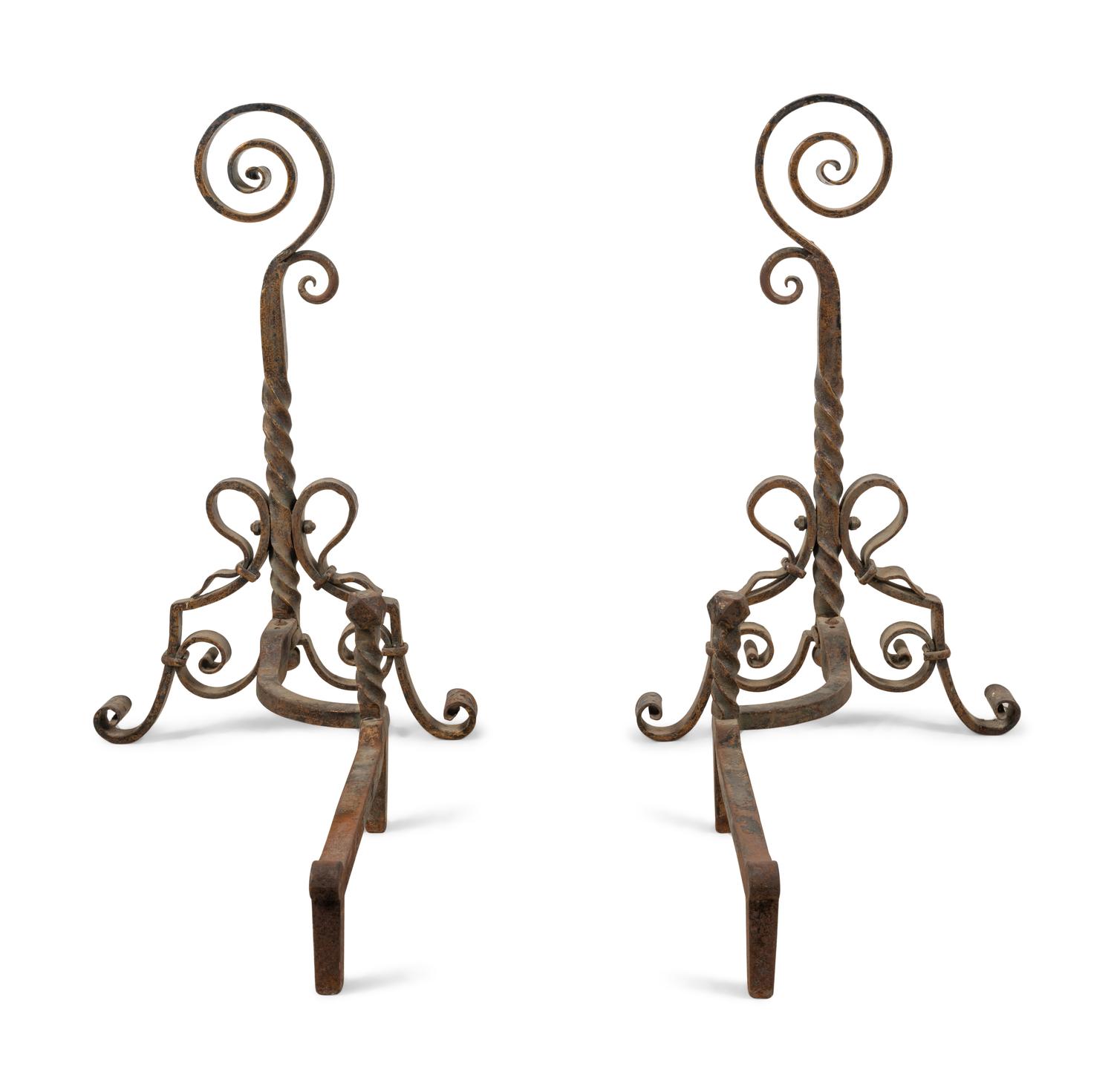 A Pair of Continental Wrought Iron Andirons