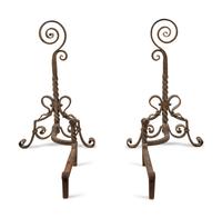 A Pair of Continental Wrought Iron Andirons