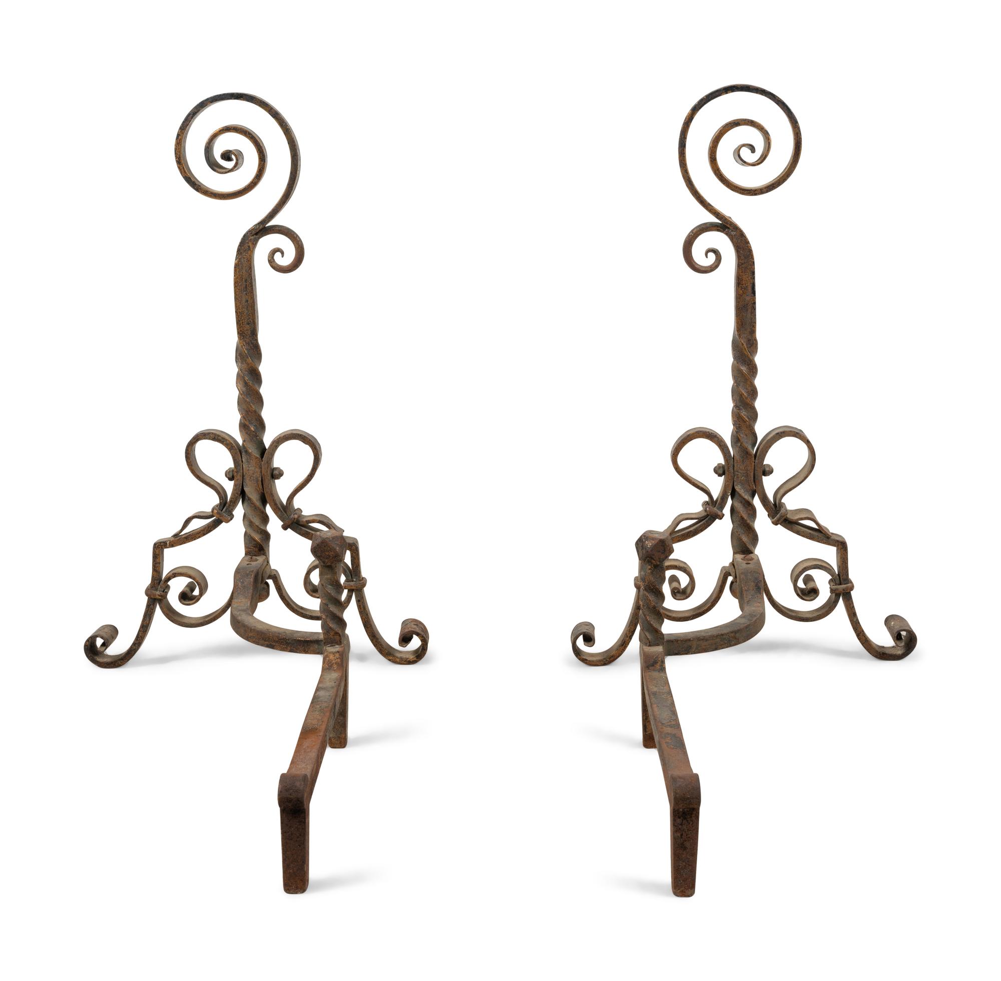 A Pair of Continental Wrought Iron Andirons