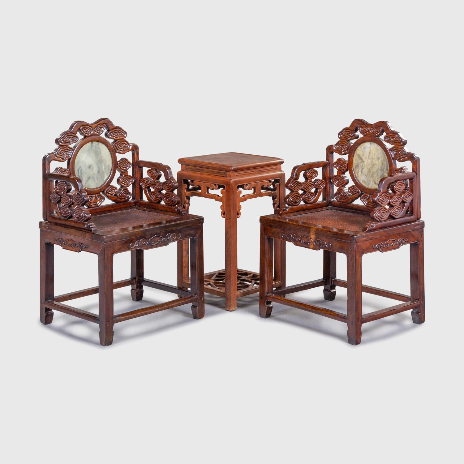 A Pair of Marble Inset Hardwood Armchairs and A Hardwood Side Table