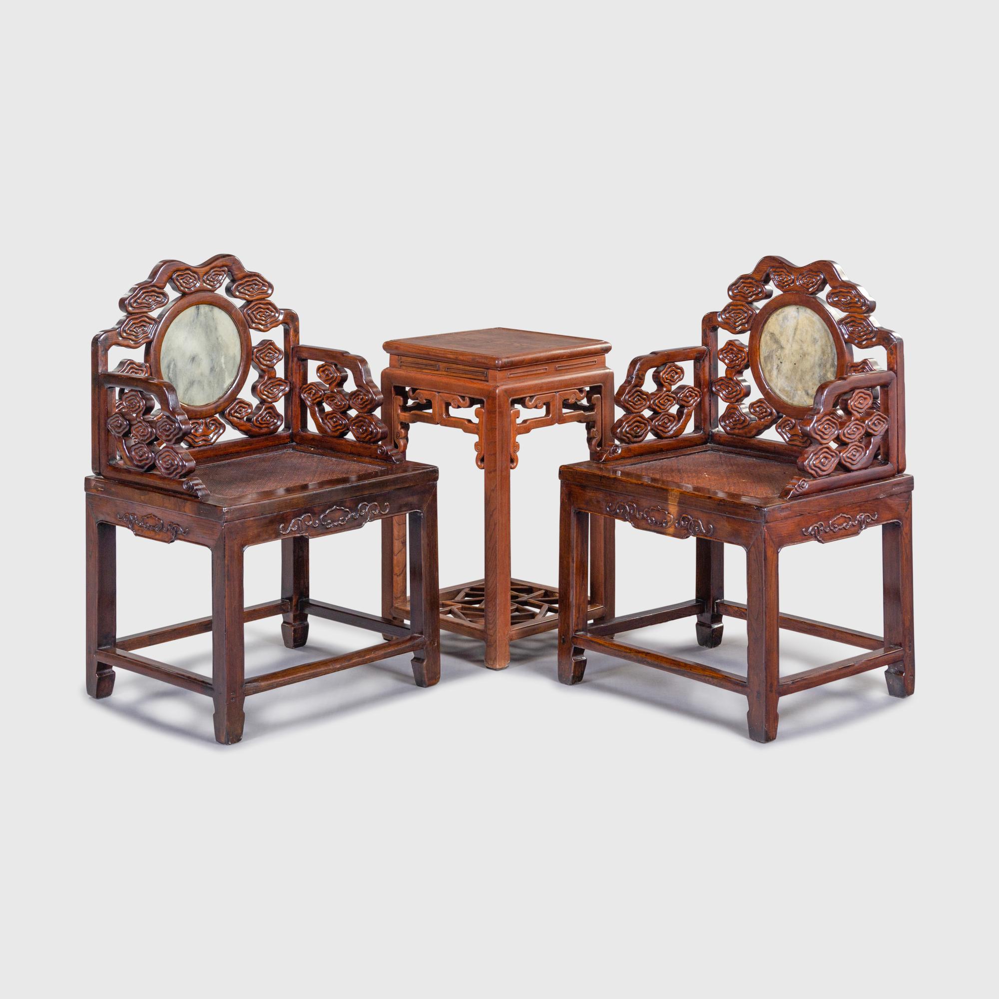 A Pair of Marble Inset Hardwood Armchairs and A Hardwood Side Table