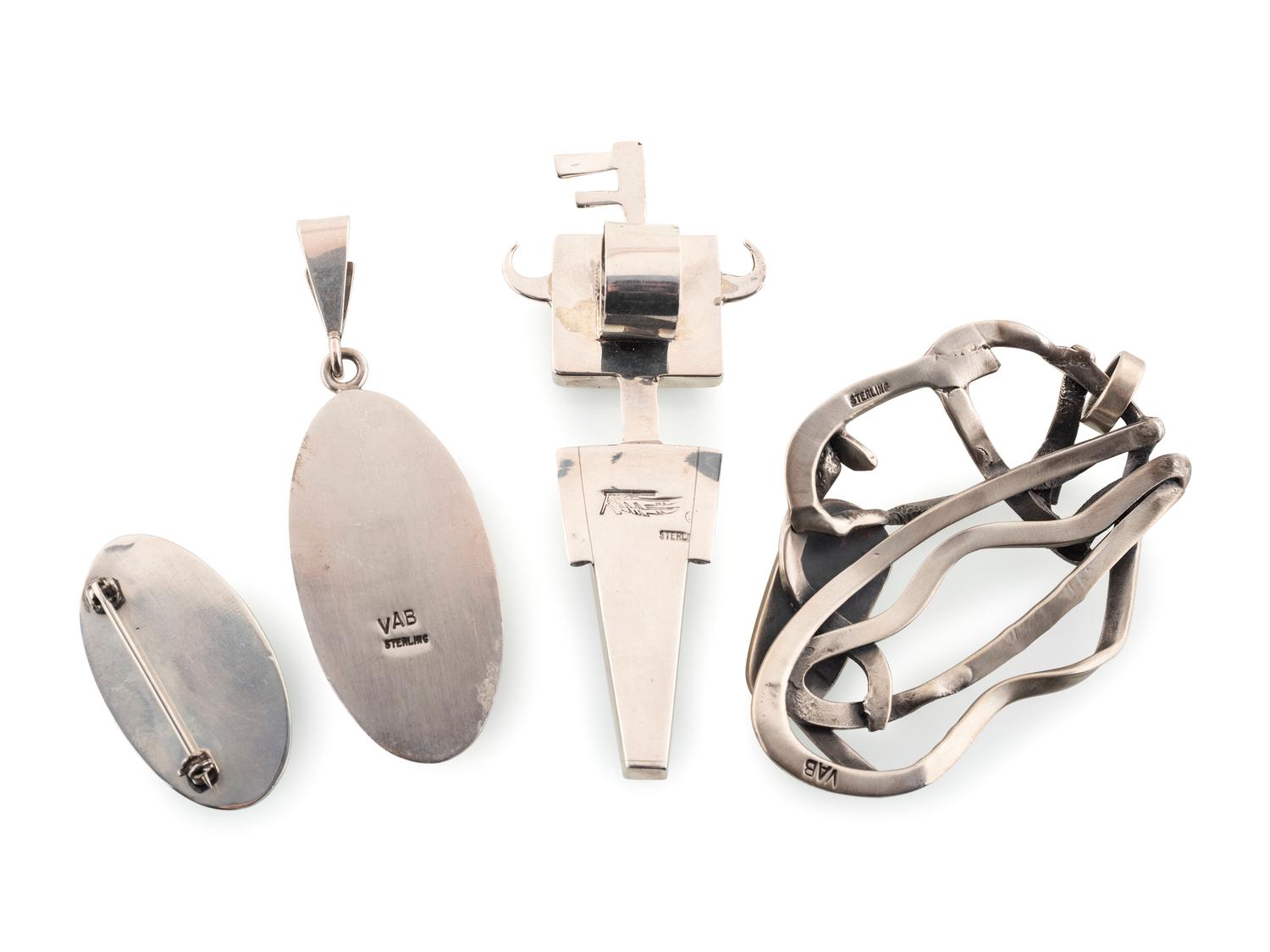 Navajo and Apache Sterling Silver Pendants and Pins, with Mosaic Inlay