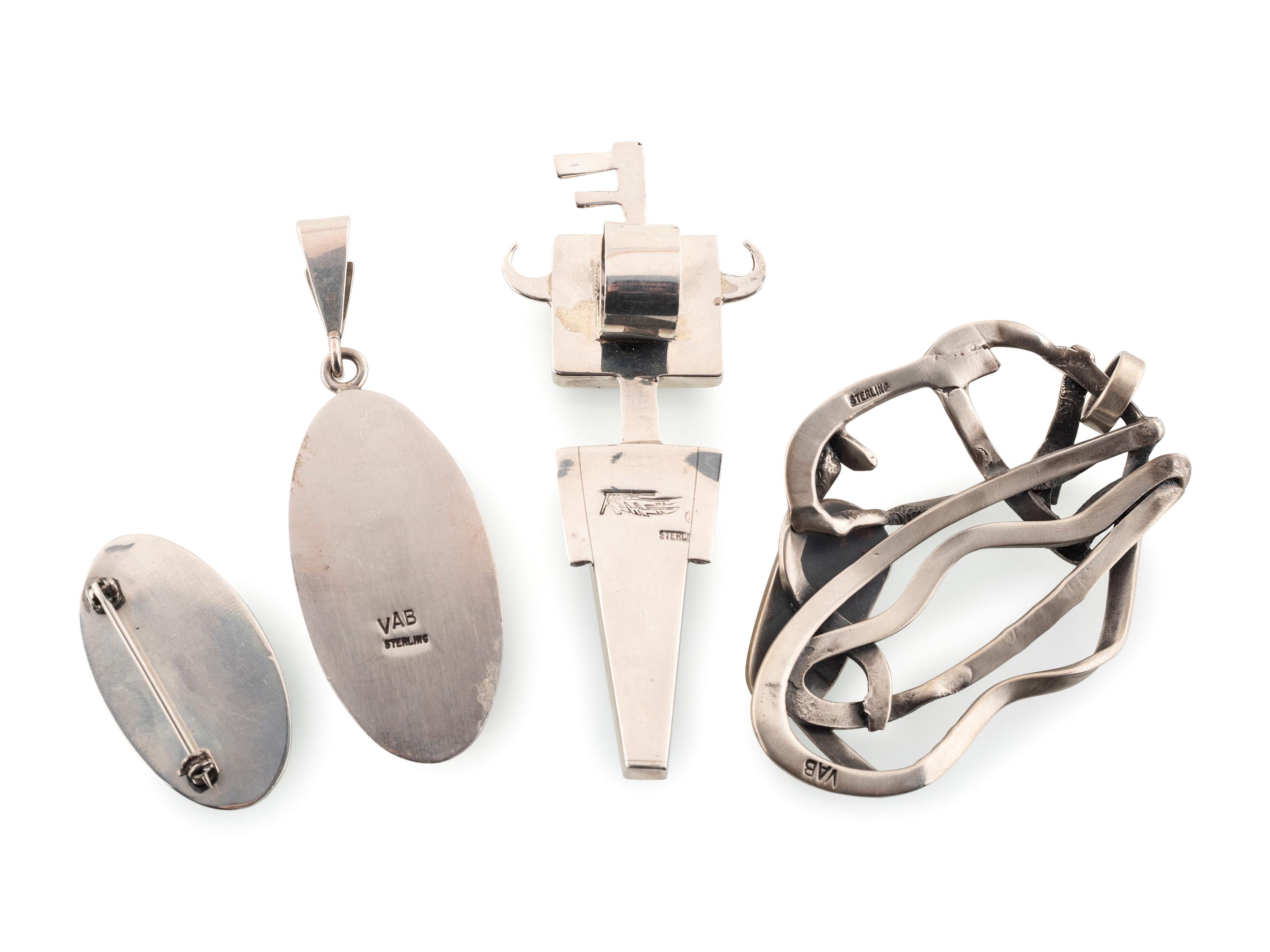Navajo and Apache Sterling Silver Pendants and Pins, with Mosaic Inlay