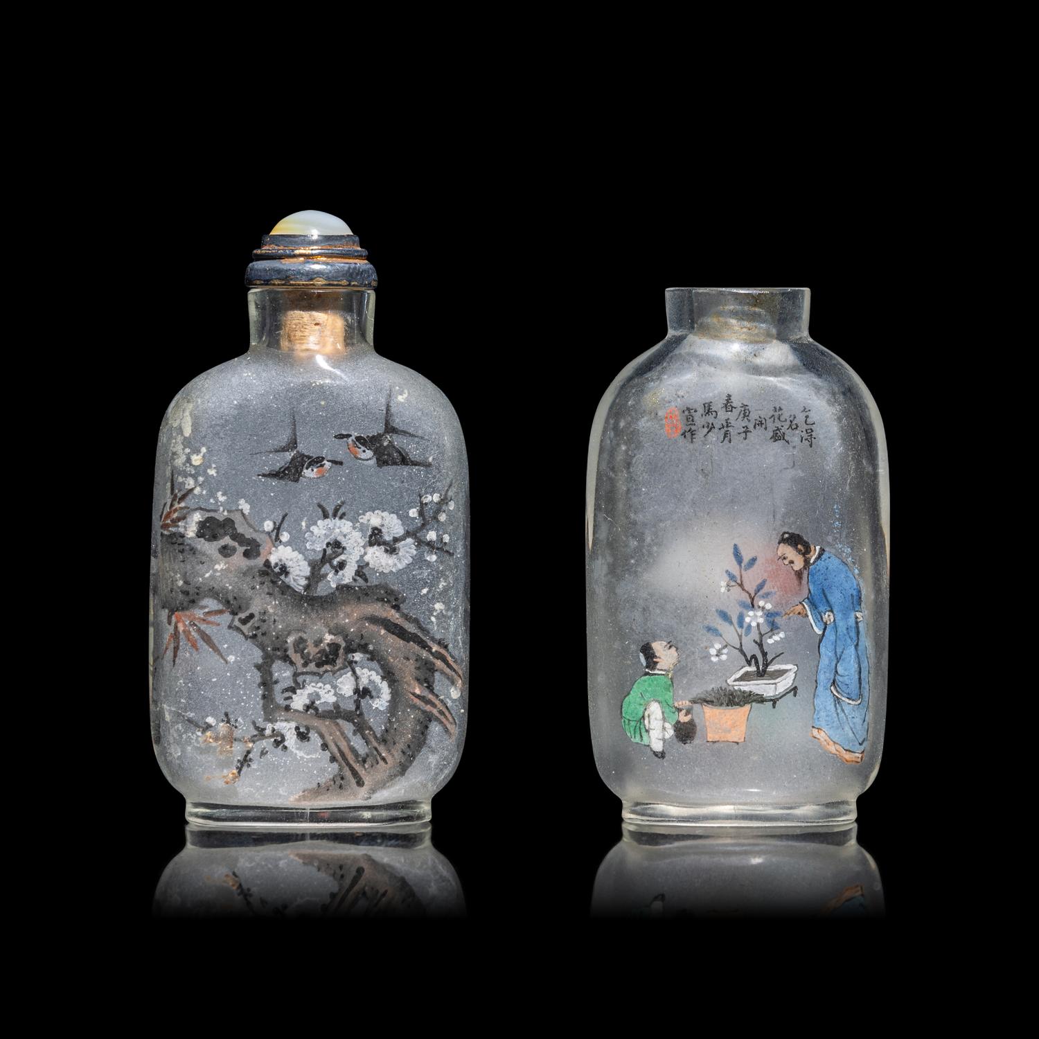 Two Chinese Inside Painted Glass Snuff Bottles 馬少宣（款）、阎玉田玻璃内畫鼻烟壺兩支