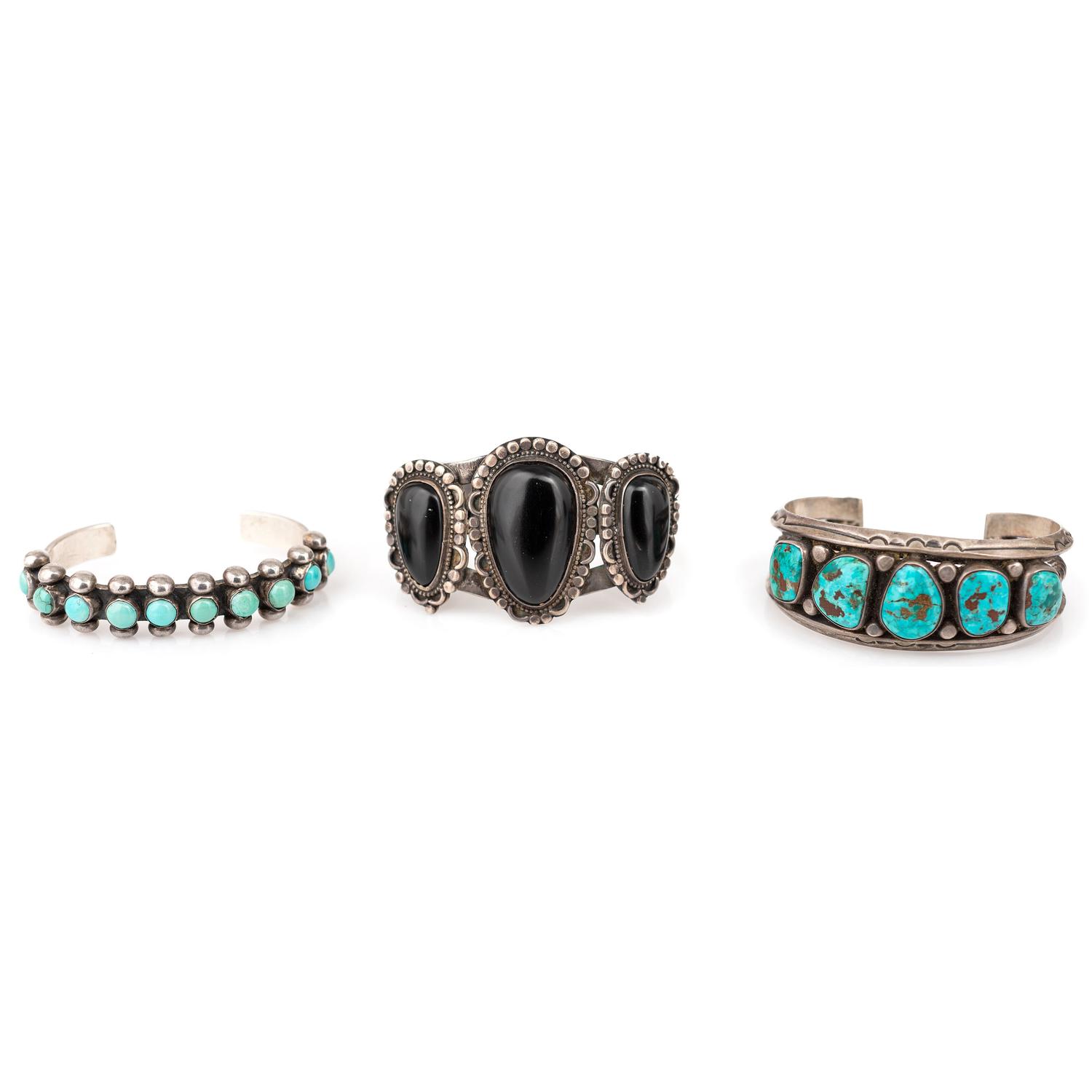 Navajo Silver, Turquoise, and Jet Cuff Bracelets
