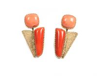 Gail Bird (b. 1949) and Yazzie Johnson (b. 1946), Pair of 18 Karat Yellow Gold and Coral Earclips Length 1 3/8 inches
