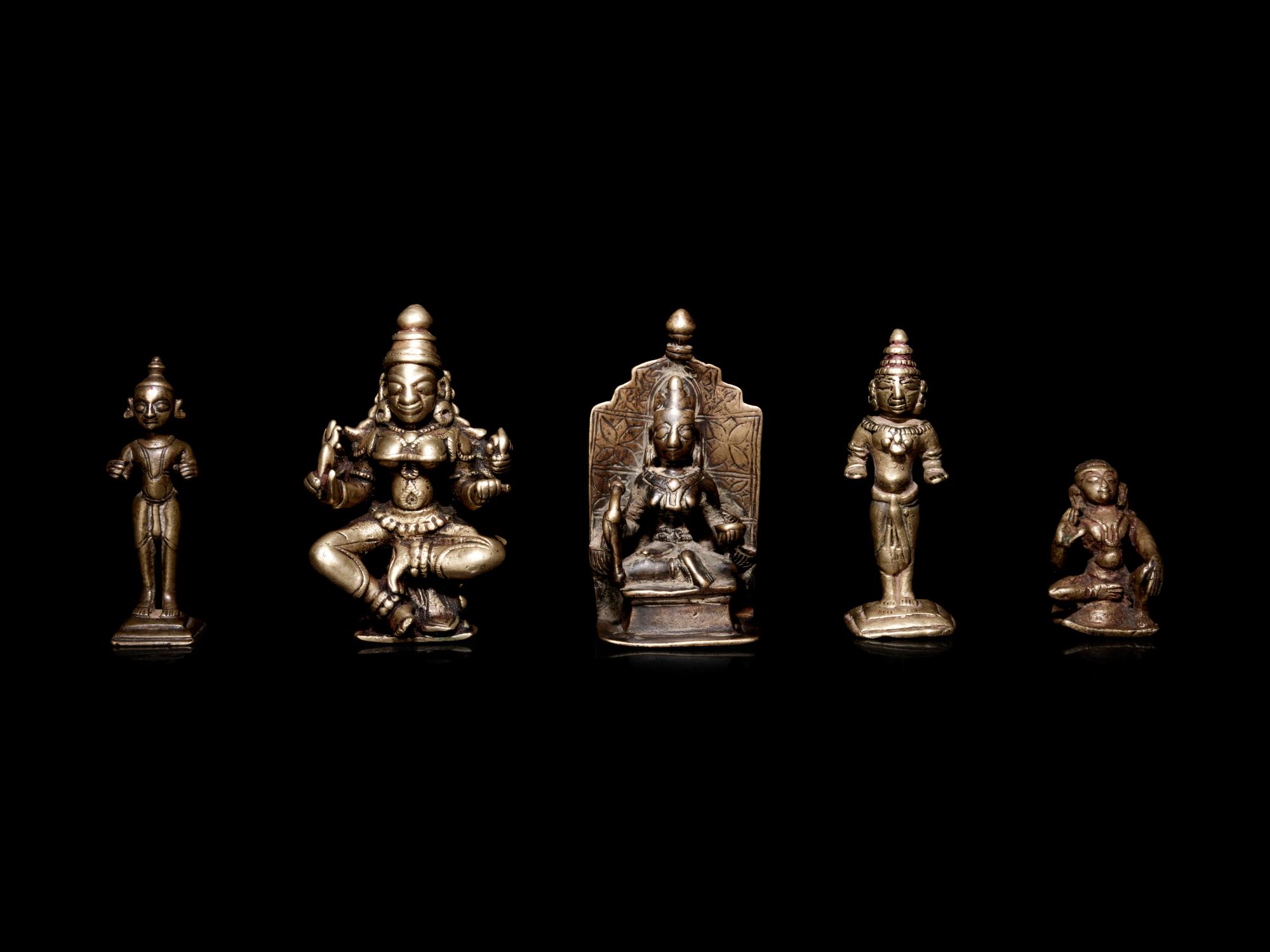 Five Indian Gilt Bronze Figures of Deities and Attendants