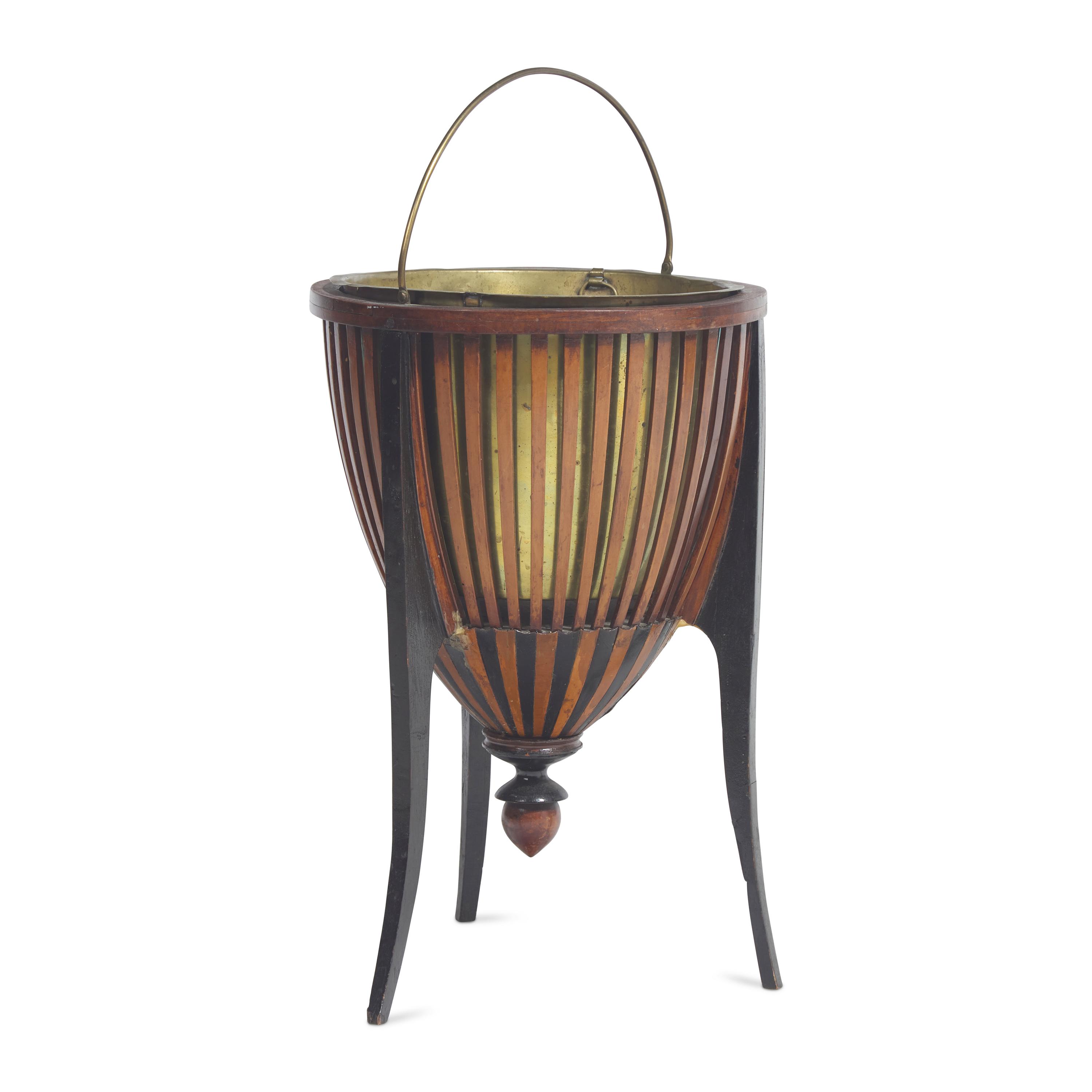 A Regency Inlaid, Parcel-Ebonized and Brass-Lined Mahogany and Satinwood Jardiniere