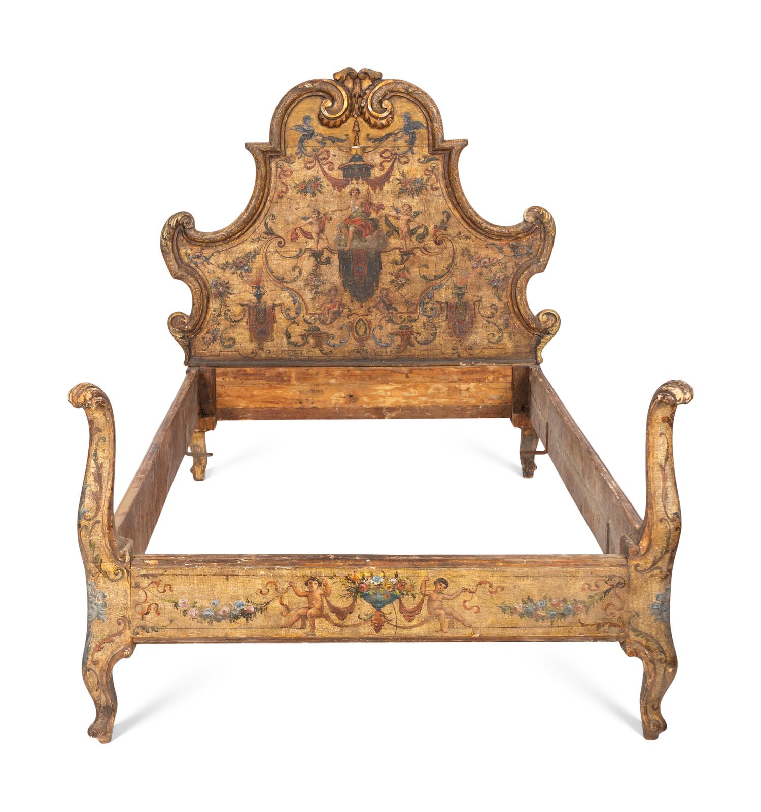 A Fine Italian Rococo Polychrome Decorated Bedframe