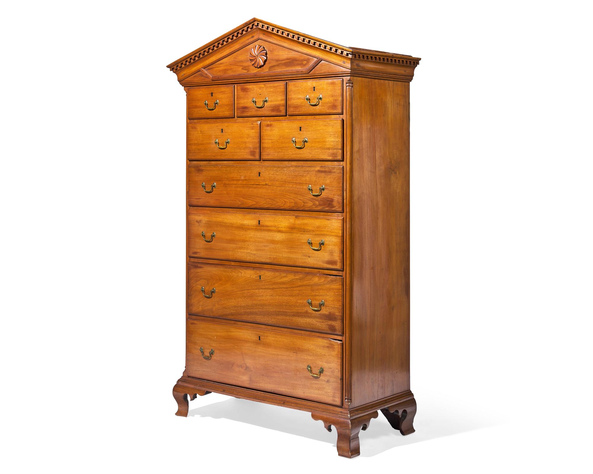 A Rare Federal Carved Butternut or Walnut Peaked Pediment Tall Chest