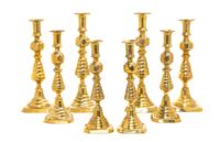 Four Pairs of English Brass Diamond Beehive Candlesticks, Height of first pair 12 inches.