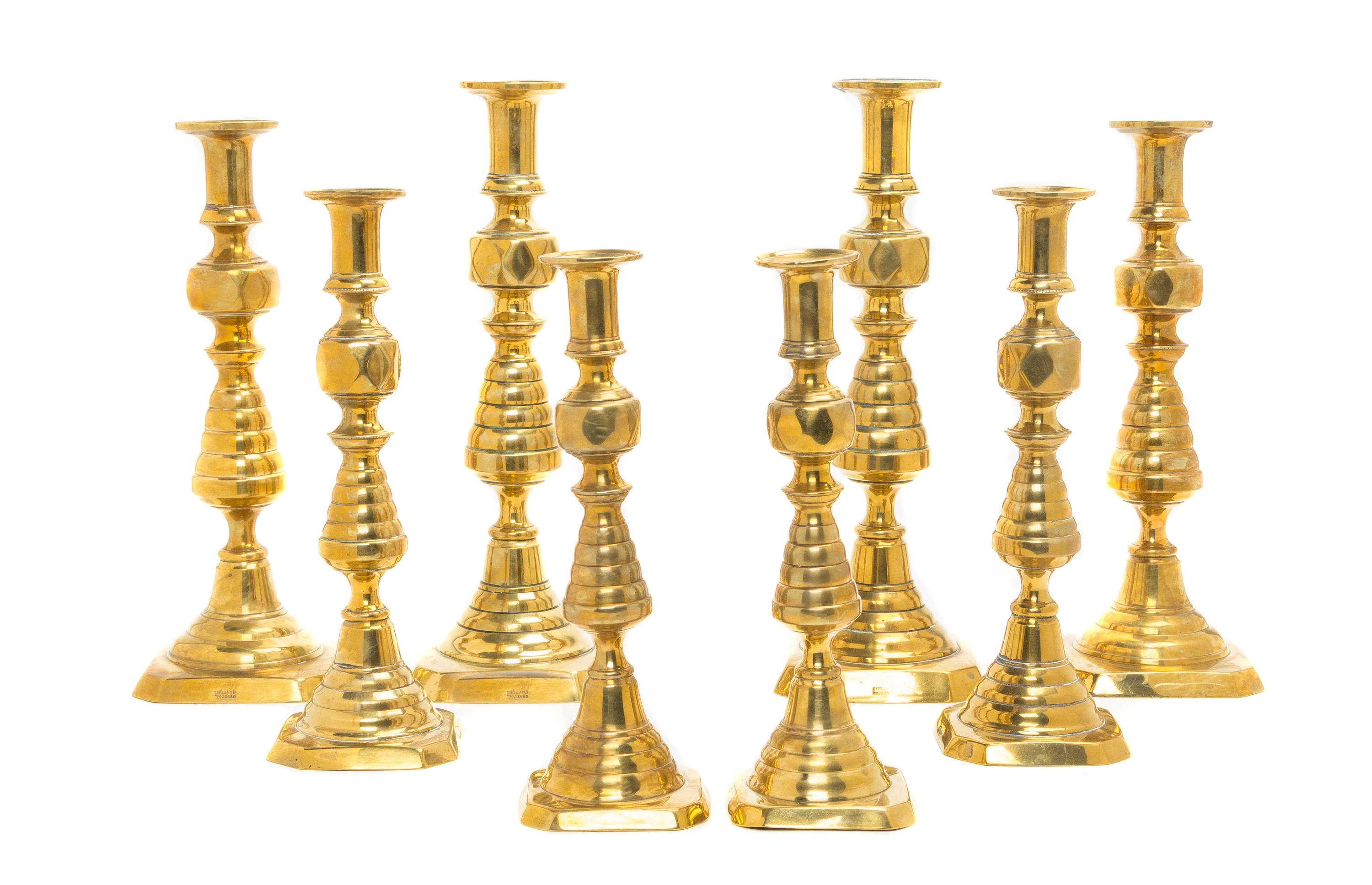 Four Pairs of English Brass Diamond Beehive Candlesticks, Height of first pair 12 inches.