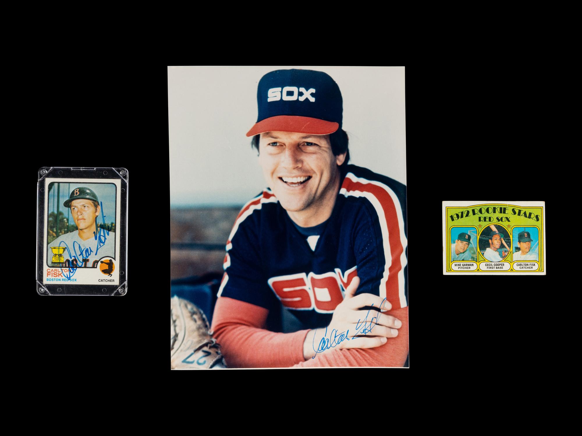 A Group of Carlton Fisk Items Including a Signed 1973 Topps Baseball Card,