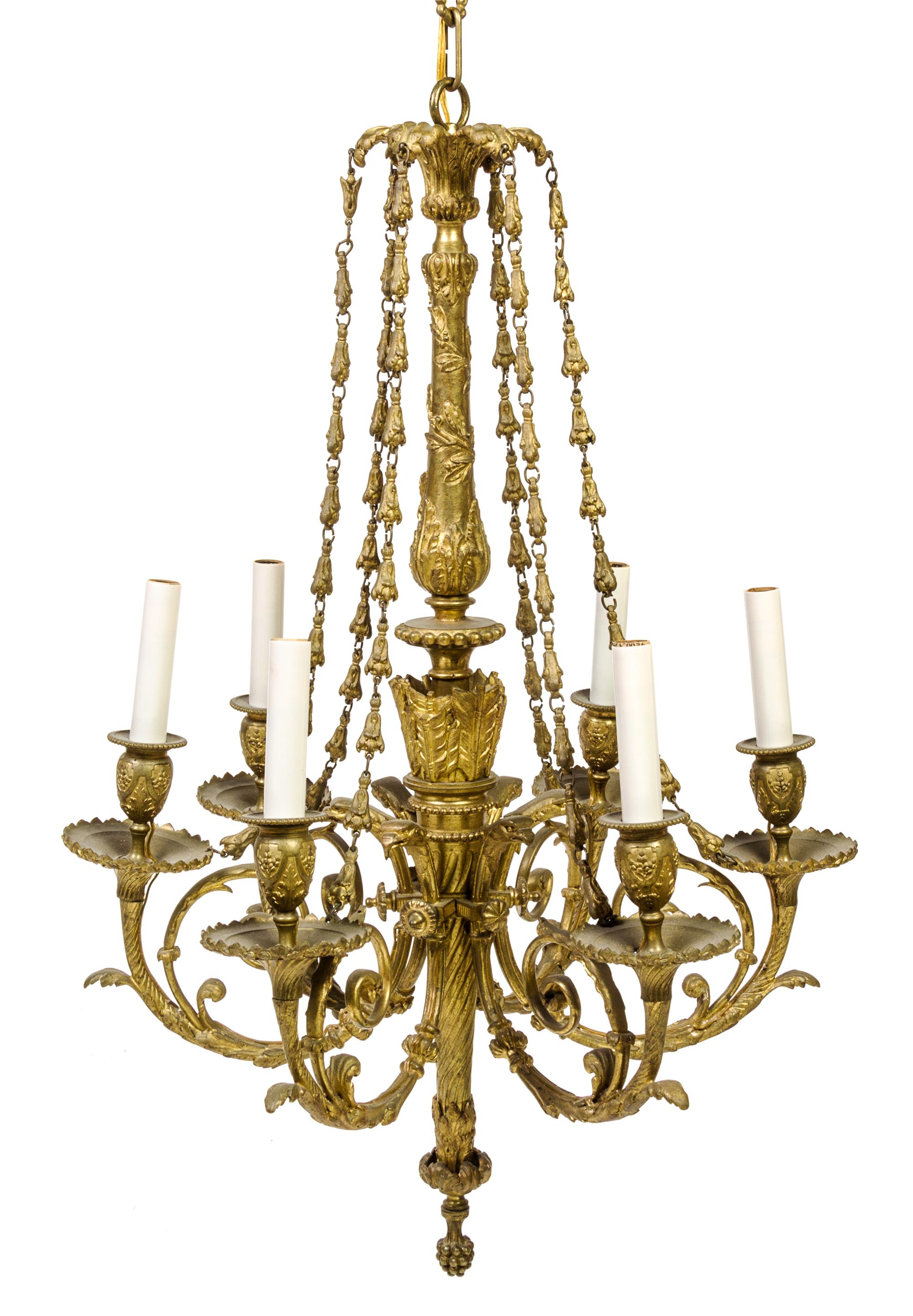 A Louis XVI Style Gilt Bronze Six-Light Chandelier Height 28 inches. — CIRCA 1900