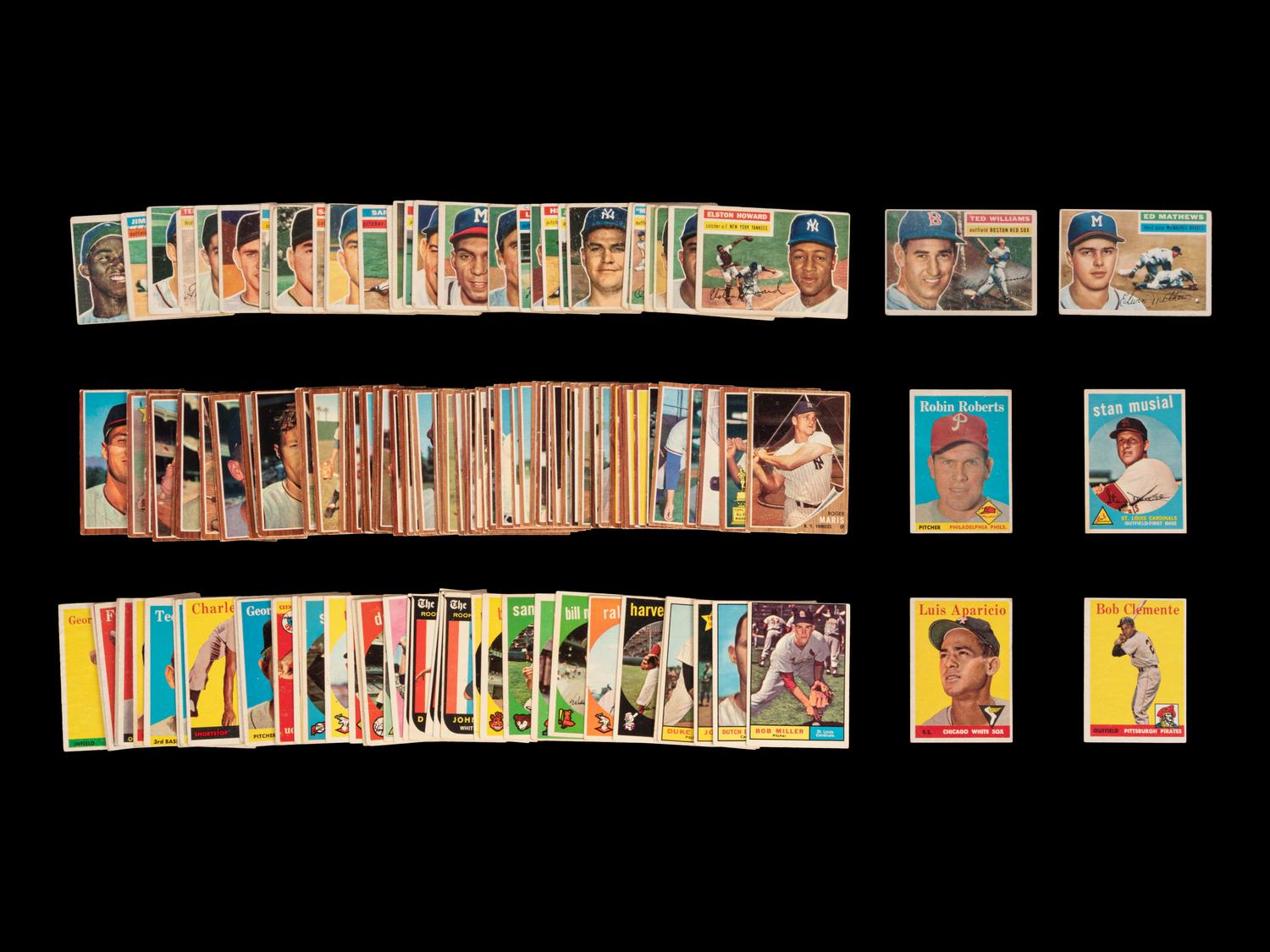 A Group of Assorted 1956, 1958, 1959, 1961, 1962 Topps Baseball Cards Including Ted Williams and Roberto Clemente,