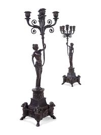 A Pair of Empire Style Silvered Metal Figural Five-Light Candelabra