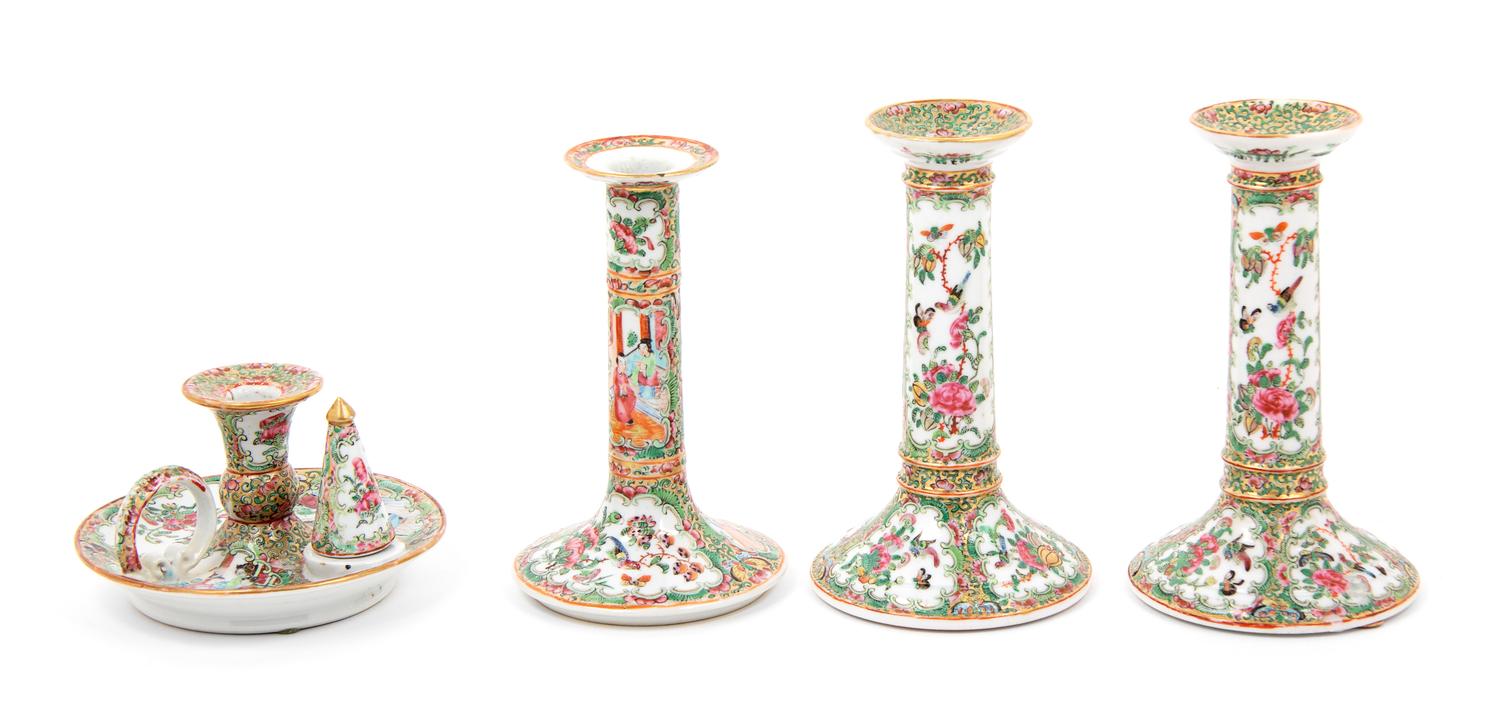 Four Chinese Export Canton Famille Rose Porcelain Candlesticks Height of tallest 7 1/8 inches. — 19TH CENTURY