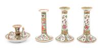 Four Chinese Export Canton Famille Rose Porcelain Candlesticks Height of tallest 7 1/8 inches. — 19TH CENTURY