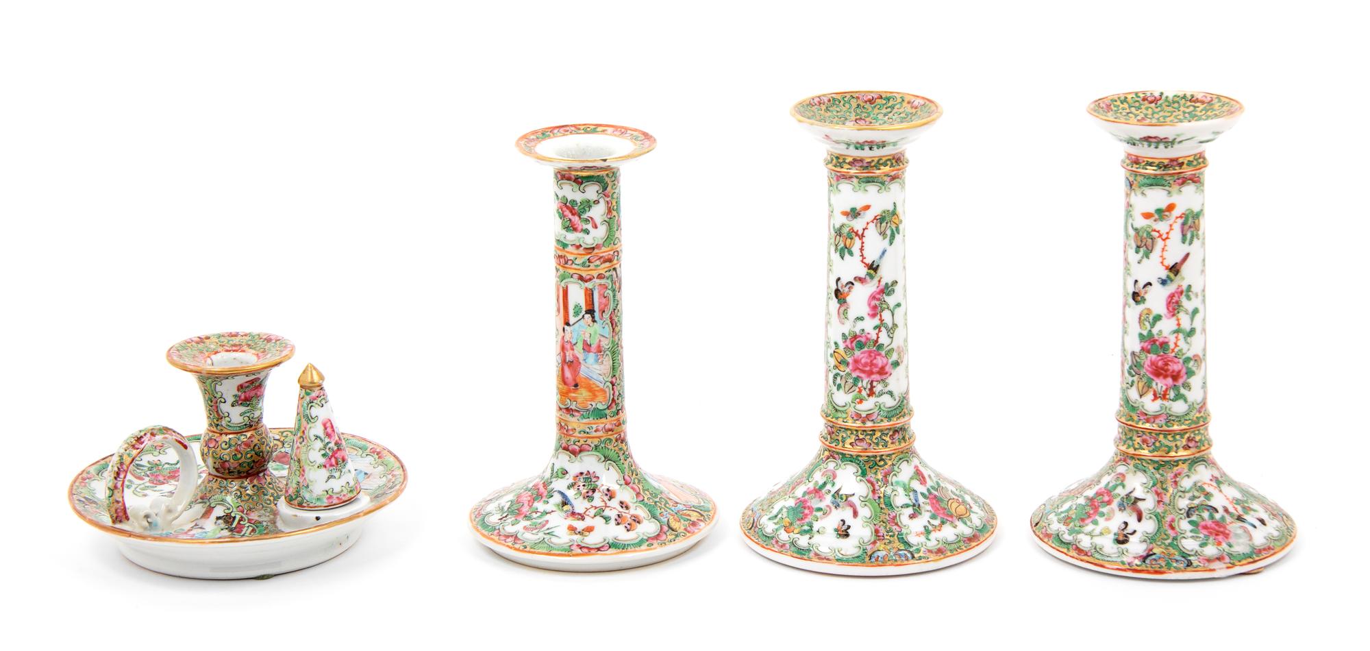 Four Chinese Export Canton Famille Rose Porcelain Candlesticks Height of tallest 7 1/8 inches. — 19TH CENTURY