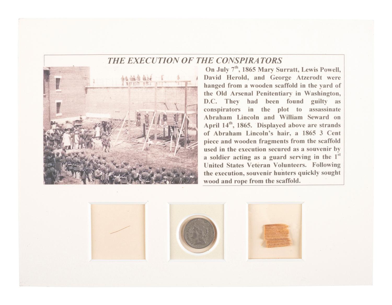 [LINCOLN, Abraham (1809-1865)]. A strand of hair attributed to Abraham Lincoln and wood fragments from the scaffold used in the execution of the Lincoln conspirators