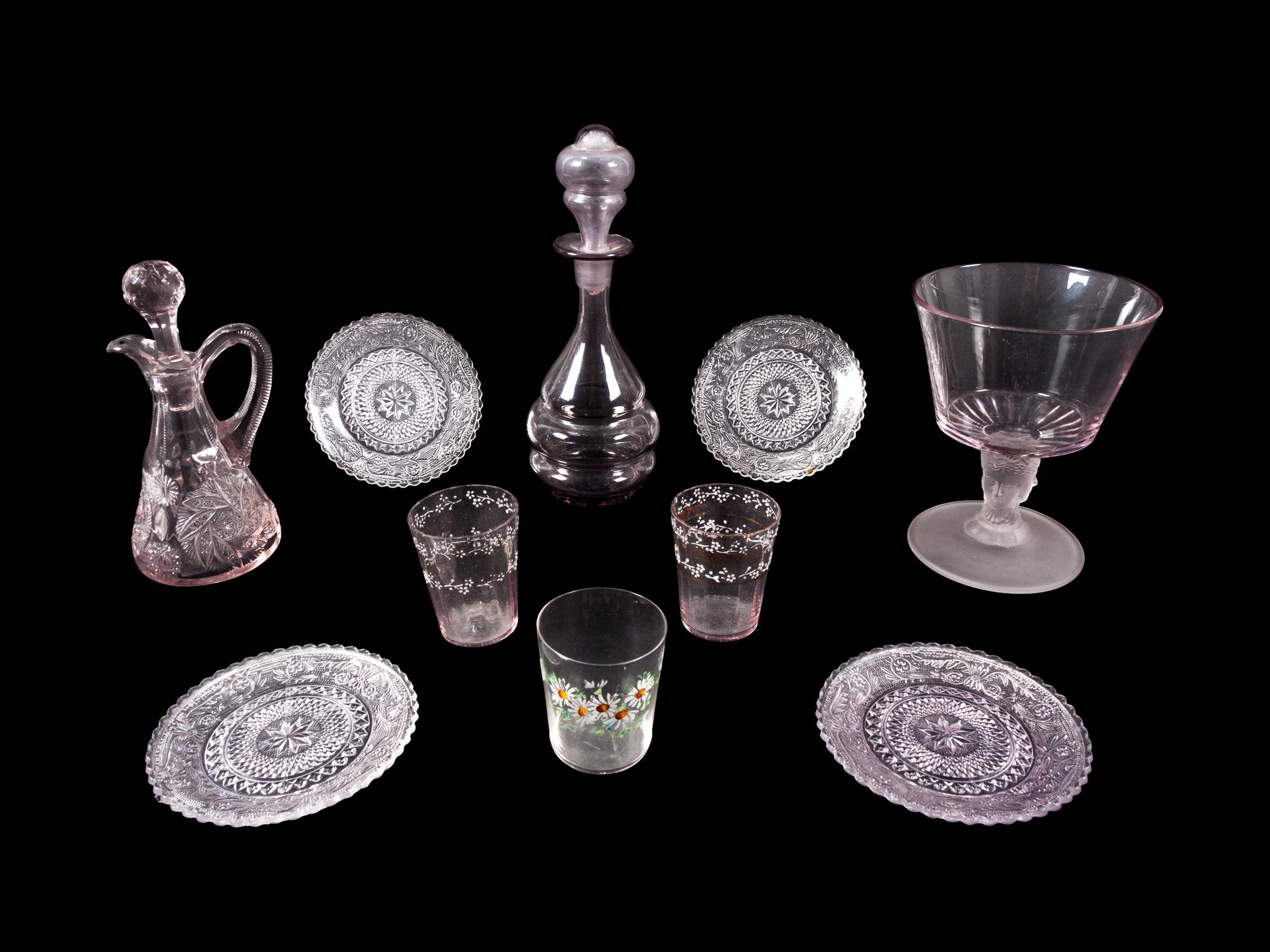 A Large Collection of Blown Glass Decanters, Pitchers, Vases and Cups