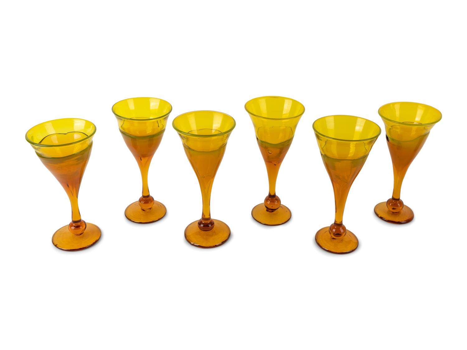 Yellow Glass Decanter with Stopper and Six Goblets, c. 1970