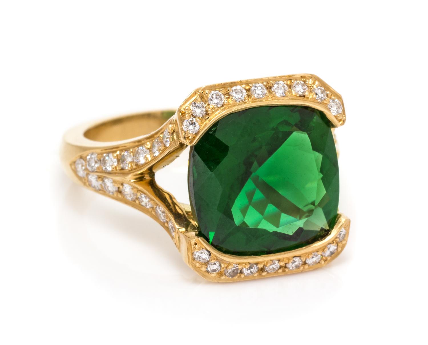 An 18 Karat Yellow Gold, Green Tourmaline and Diamond Ring, 5.85 dwts.