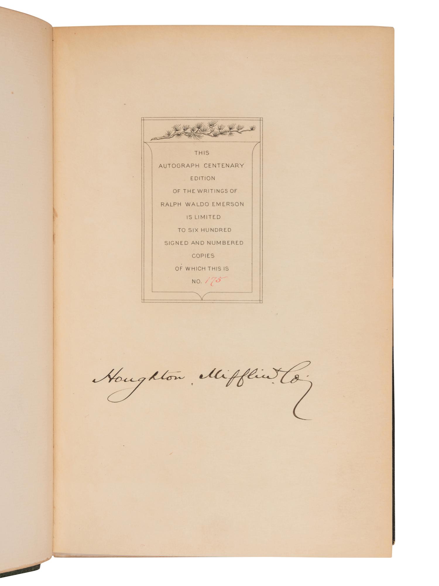 EMERSON, Ralph Waldo (1803-1802). The Complete Works . -- Journals . Cambridge: Riverside Press for Houghton Mifflin, 1903-4, 1909-14.