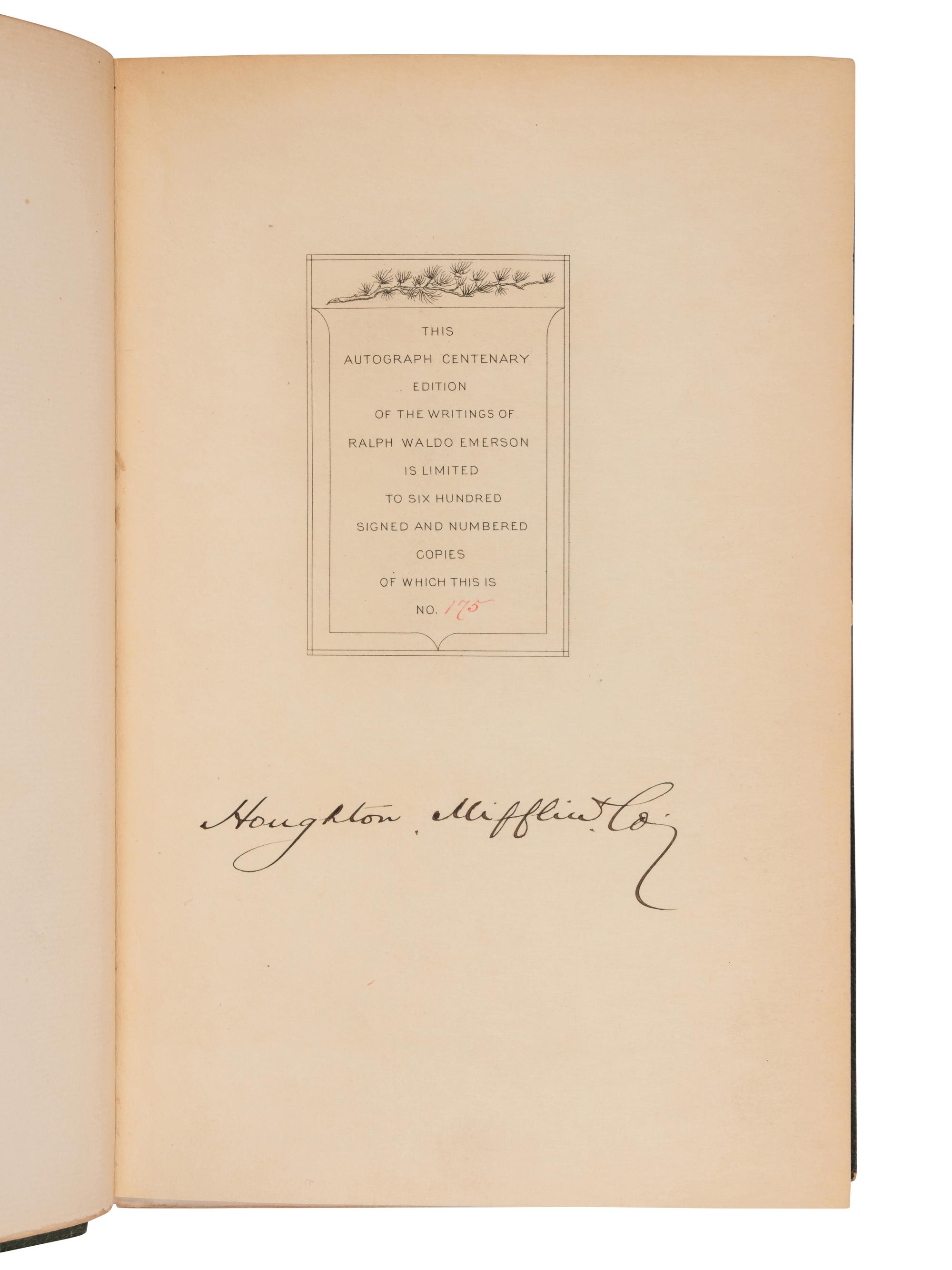 EMERSON, Ralph Waldo (1803-1802). The Complete Works . -- Journals . Cambridge: Riverside Press for Houghton Mifflin, 1903-4, 1909-14.