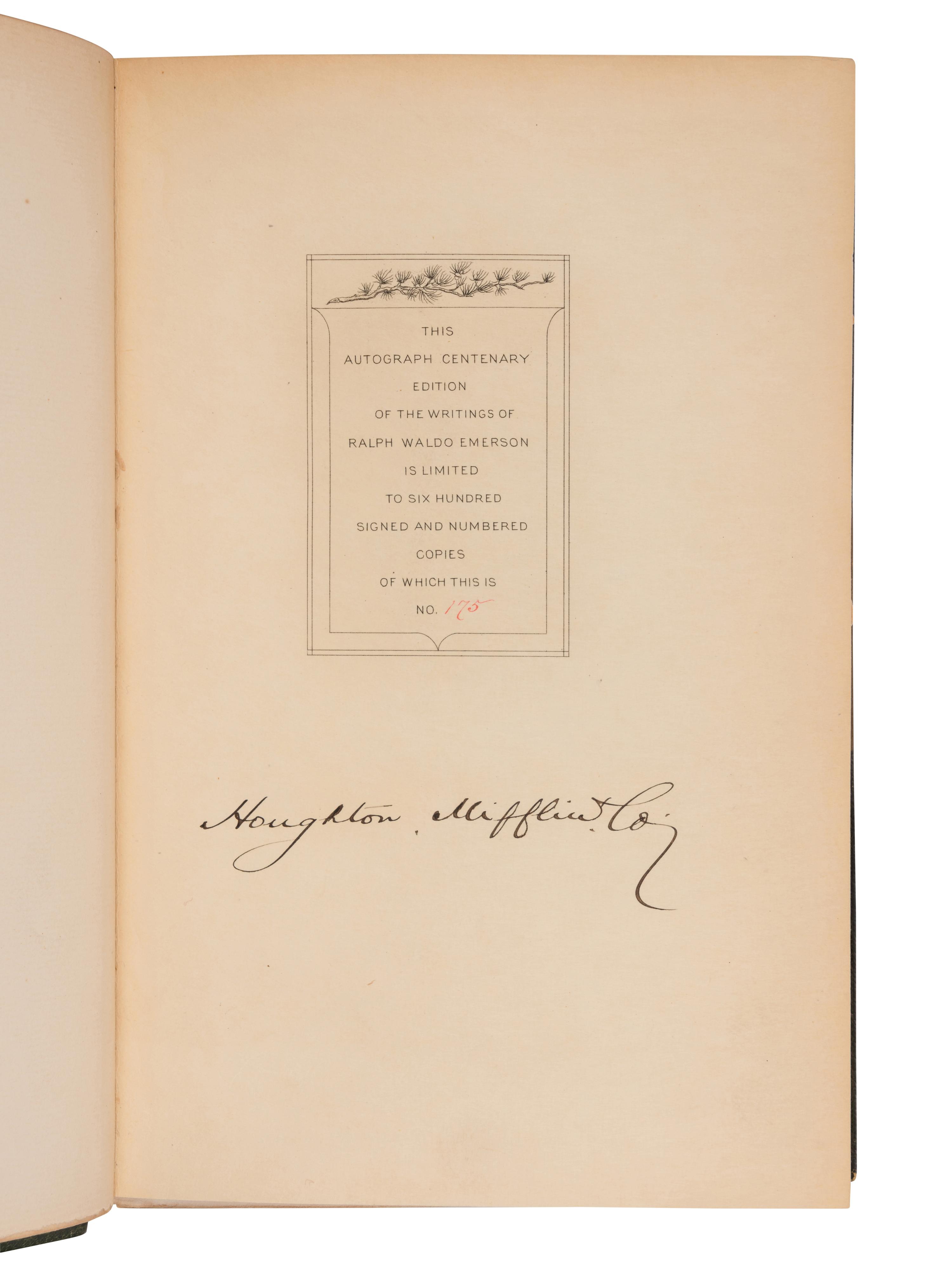 EMERSON, Ralph Waldo (1803-1802). The Complete Works . -- Journals . Cambridge: Riverside Press for Houghton Mifflin, 1903-4, 1909-14.