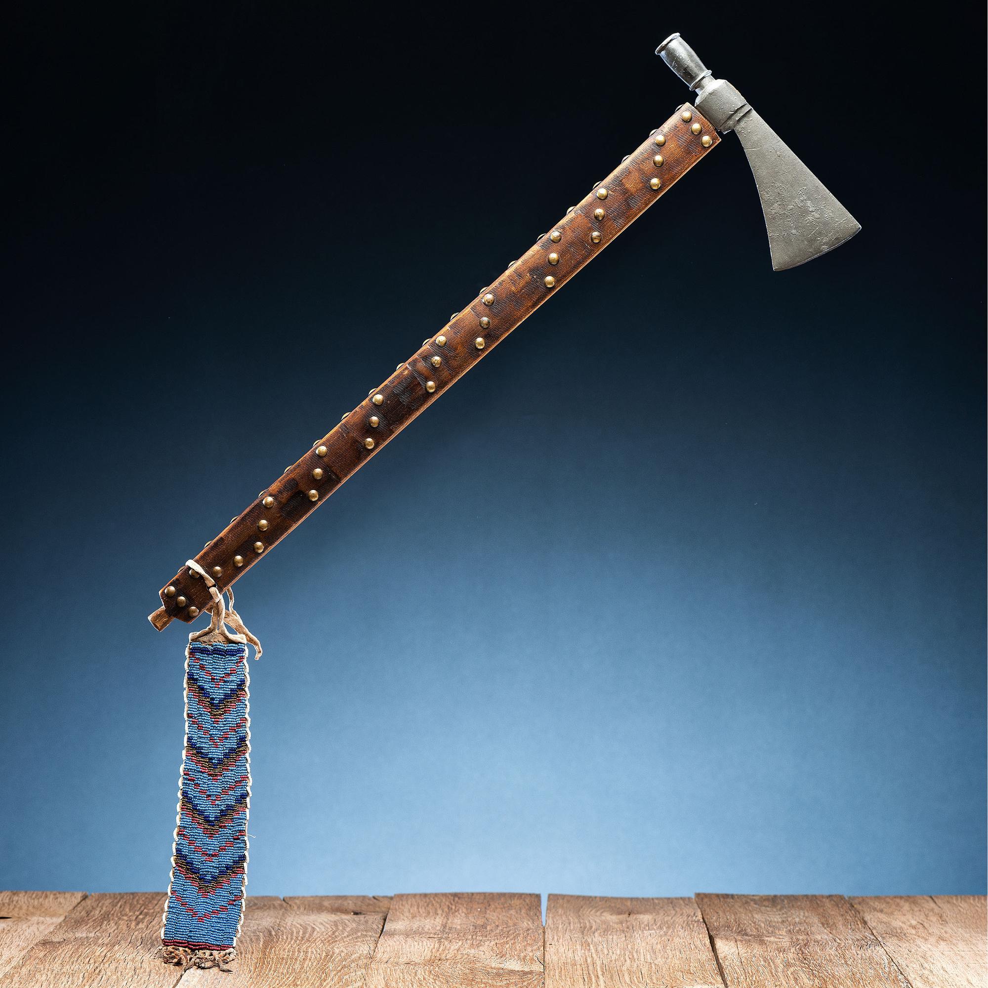 Plains Pipe Tomahawk, Decorated with Tacks and Beaded Drop