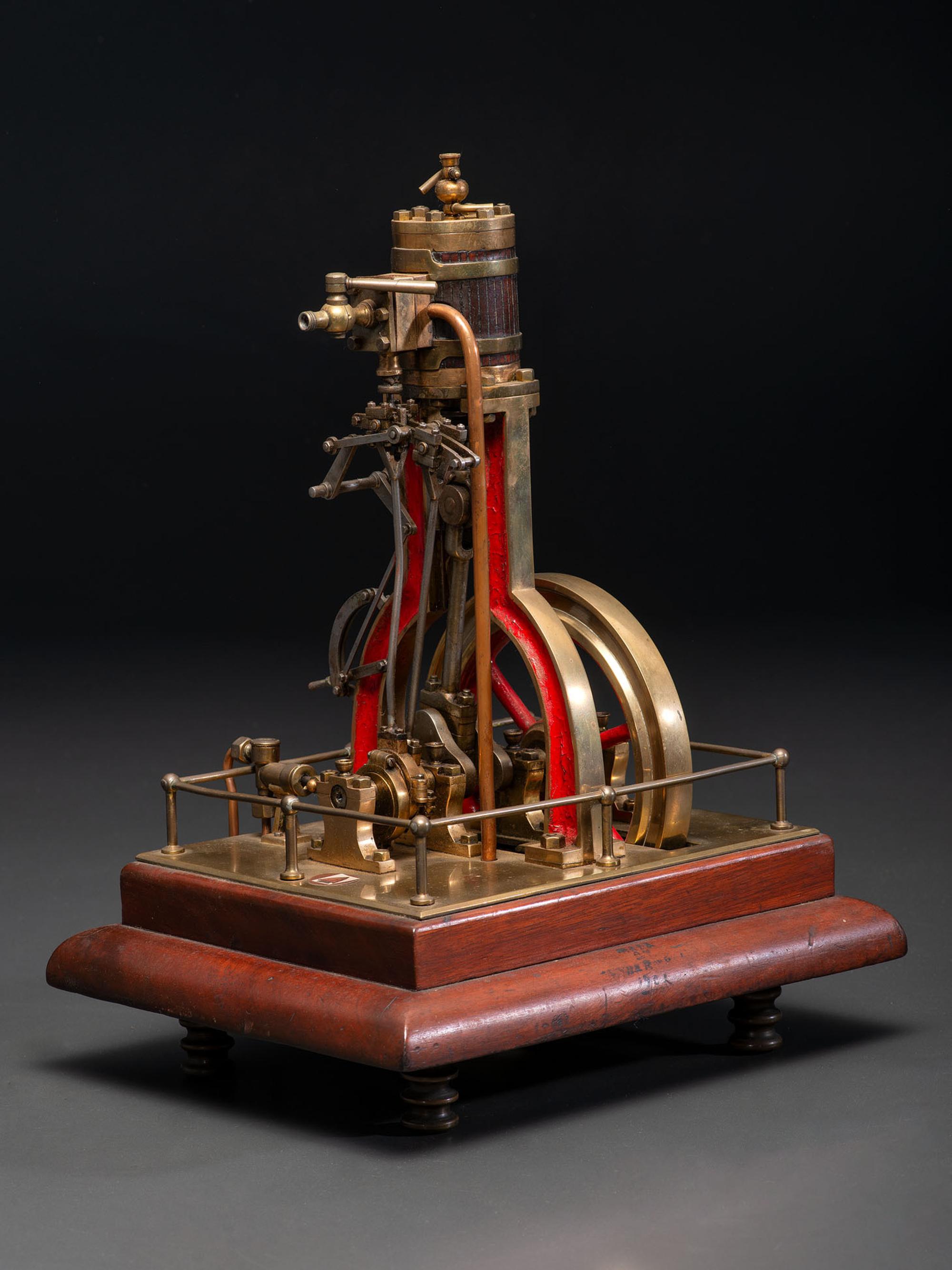 A Brass and Wood Vertical Steam Engine Model