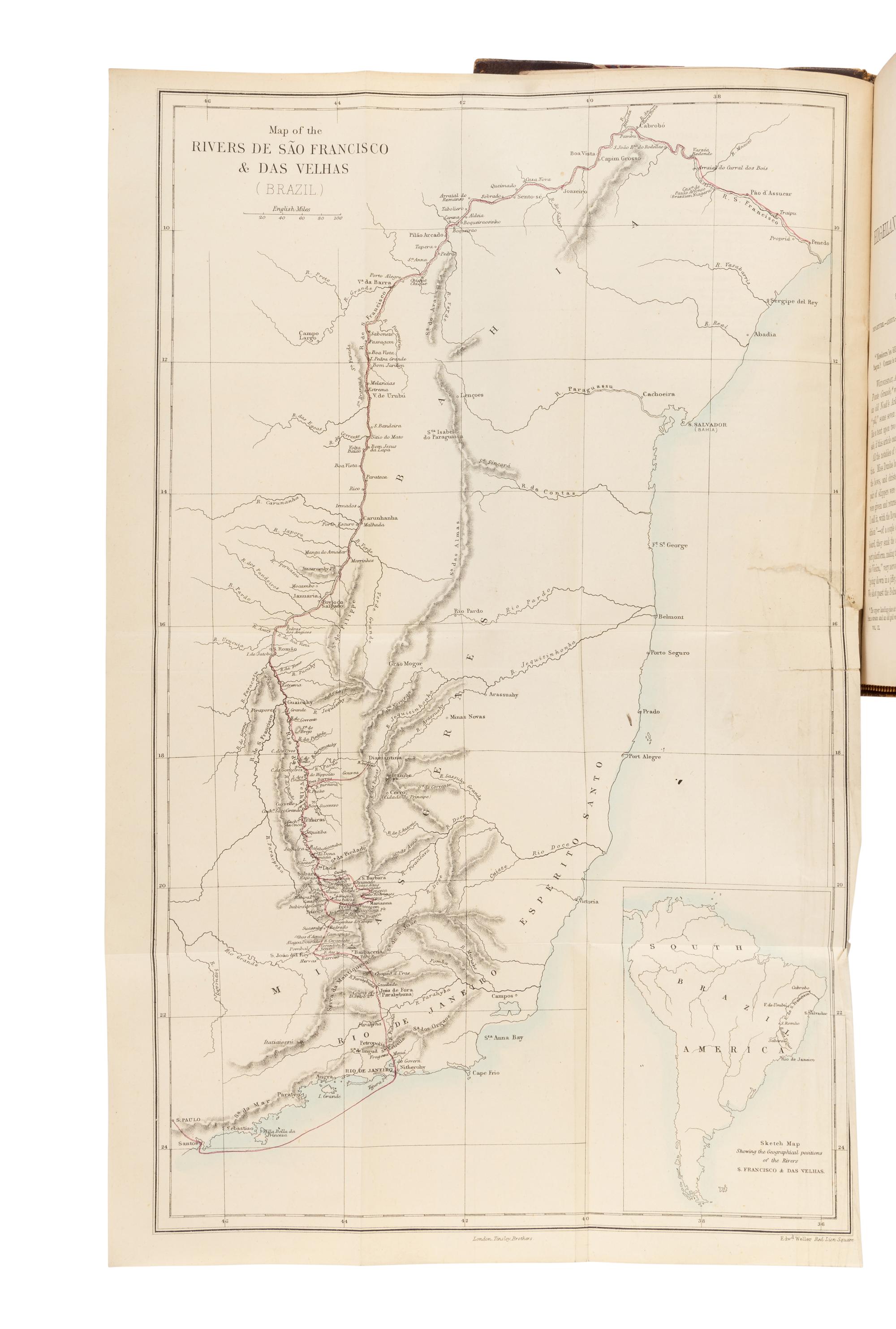 BURTON, Richard Francis, Sir (1821-1890). Explorations of the Highlands of the Brazil; With a Full Account of the Gold and Diamond Mines . Also, Canoeing Down 1500 Miles of the Great River Sao Francisco, from Sabara to the Sea . London: Tinsley Brothers, 1869.