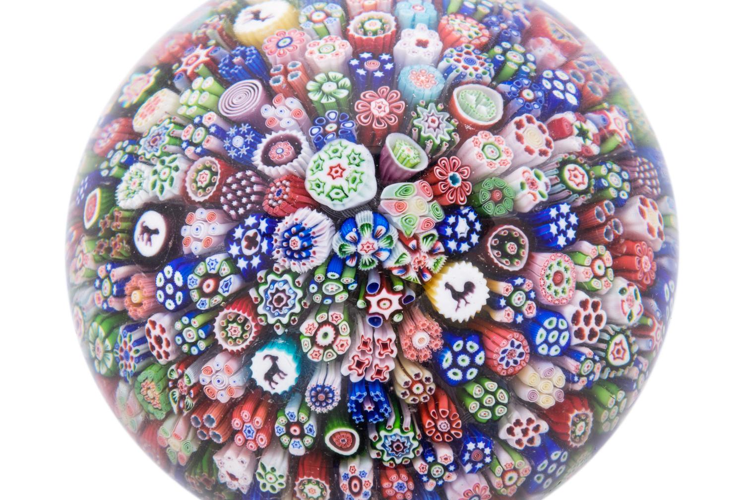 A Four-Color Ribbon and Latticino Twist Crown Glass Paperweight