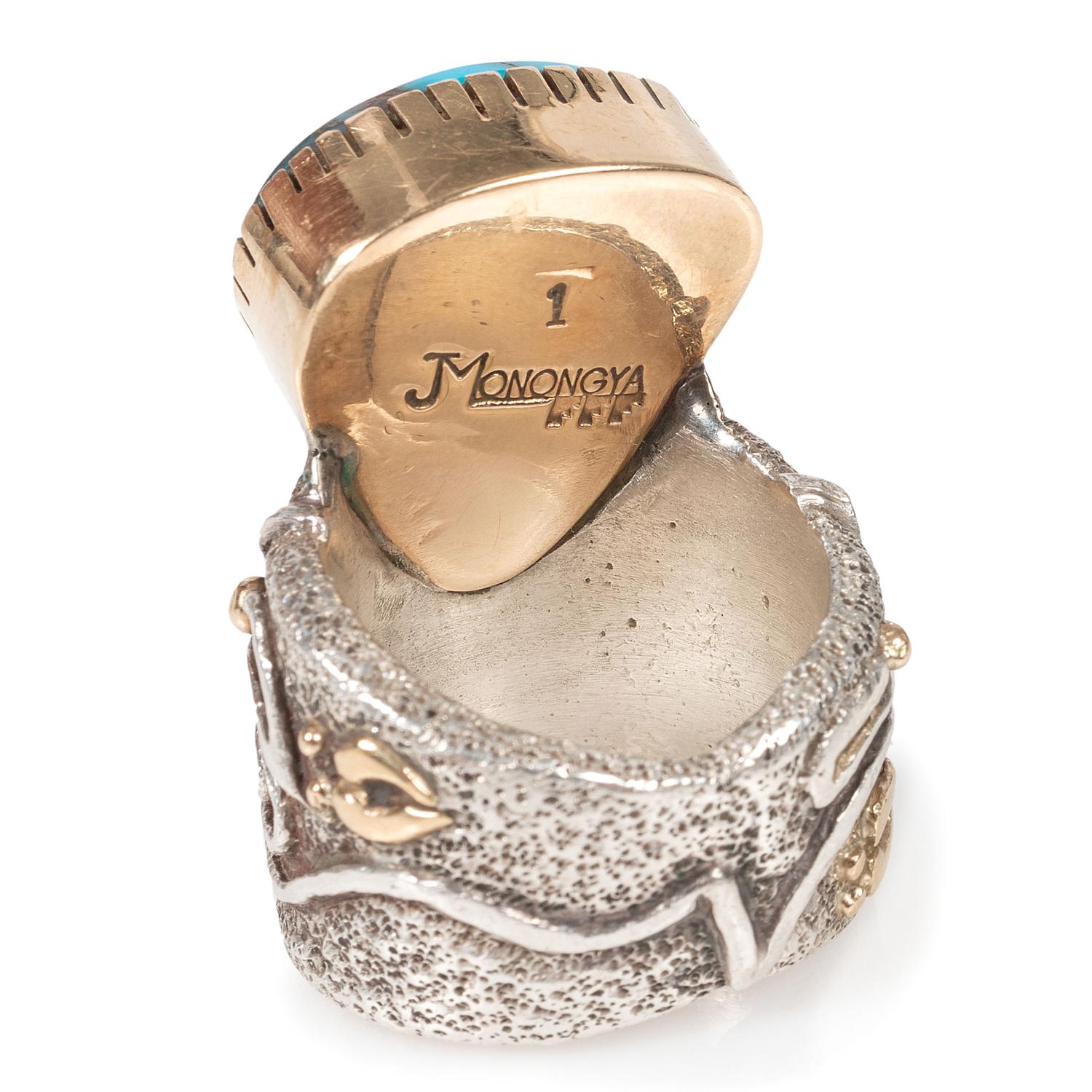Tufa Cast Silver Ring, with Bisbee Turquoise Cabochon and Accented with 14k Gold