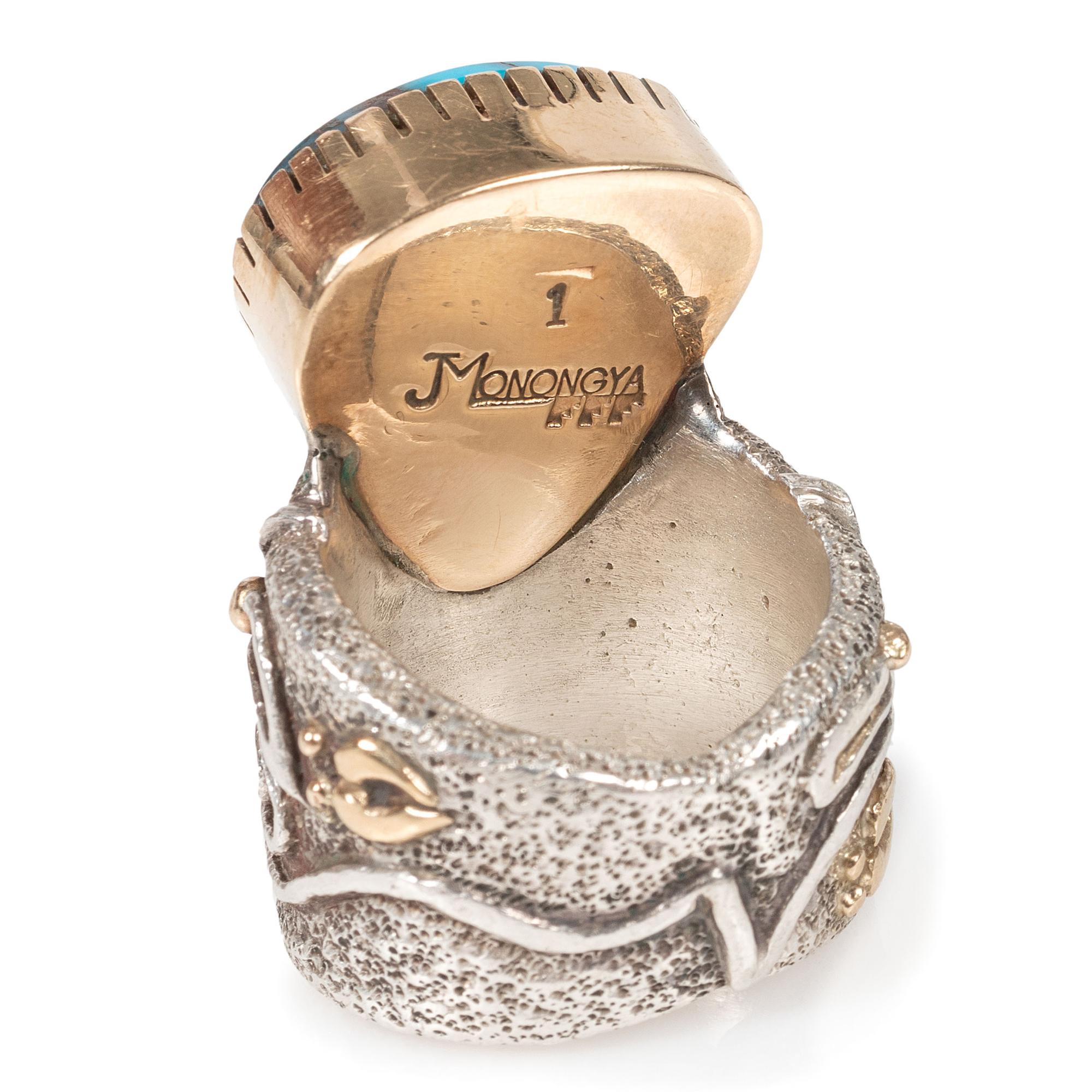 Tufa Cast Silver Ring, with Bisbee Turquoise Cabochon and Accented with 14k Gold