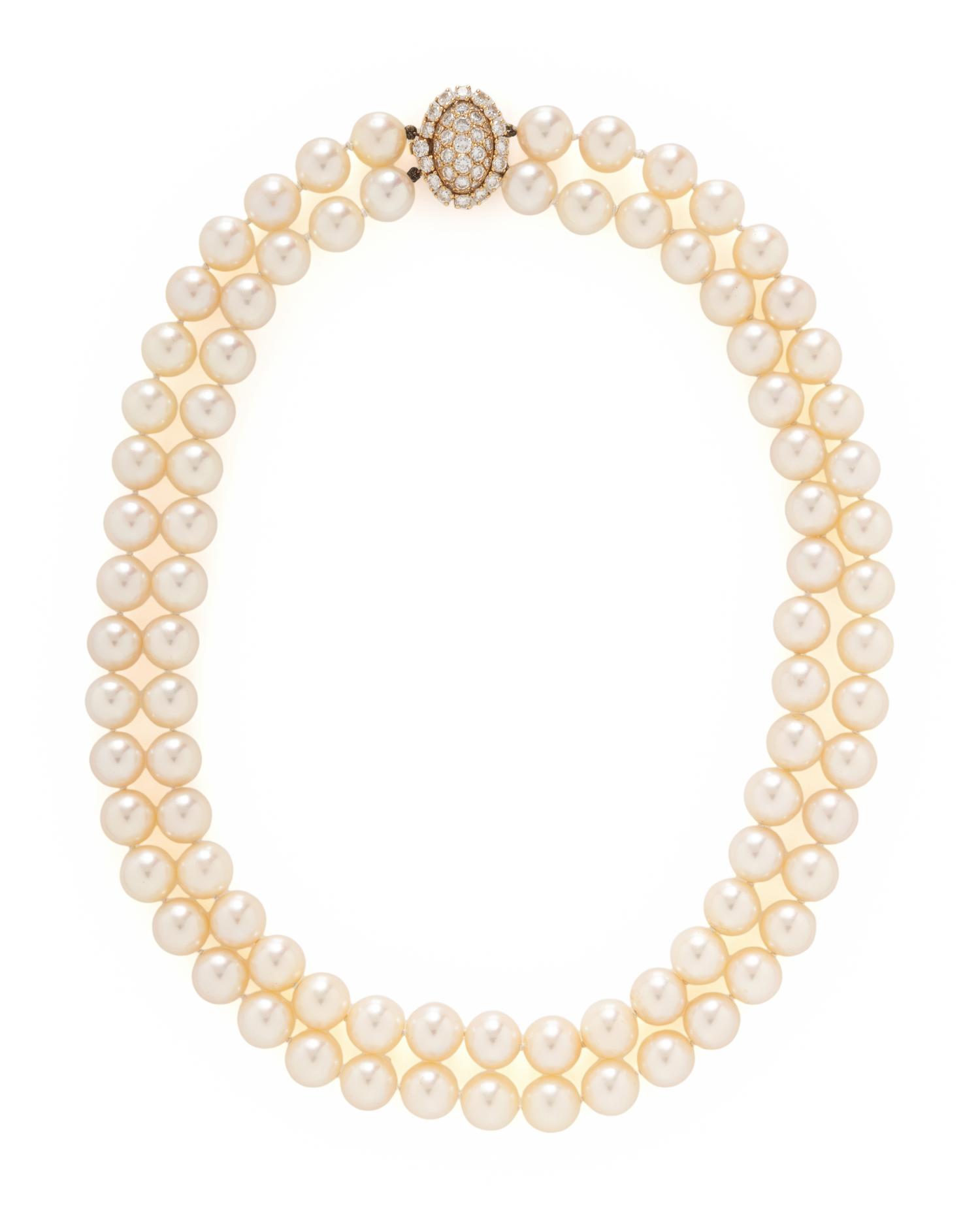 VAN CLEEF & ARPELS, DOUBLE STRAND CULTURED PEARL AND DIAMOND NECKLACE