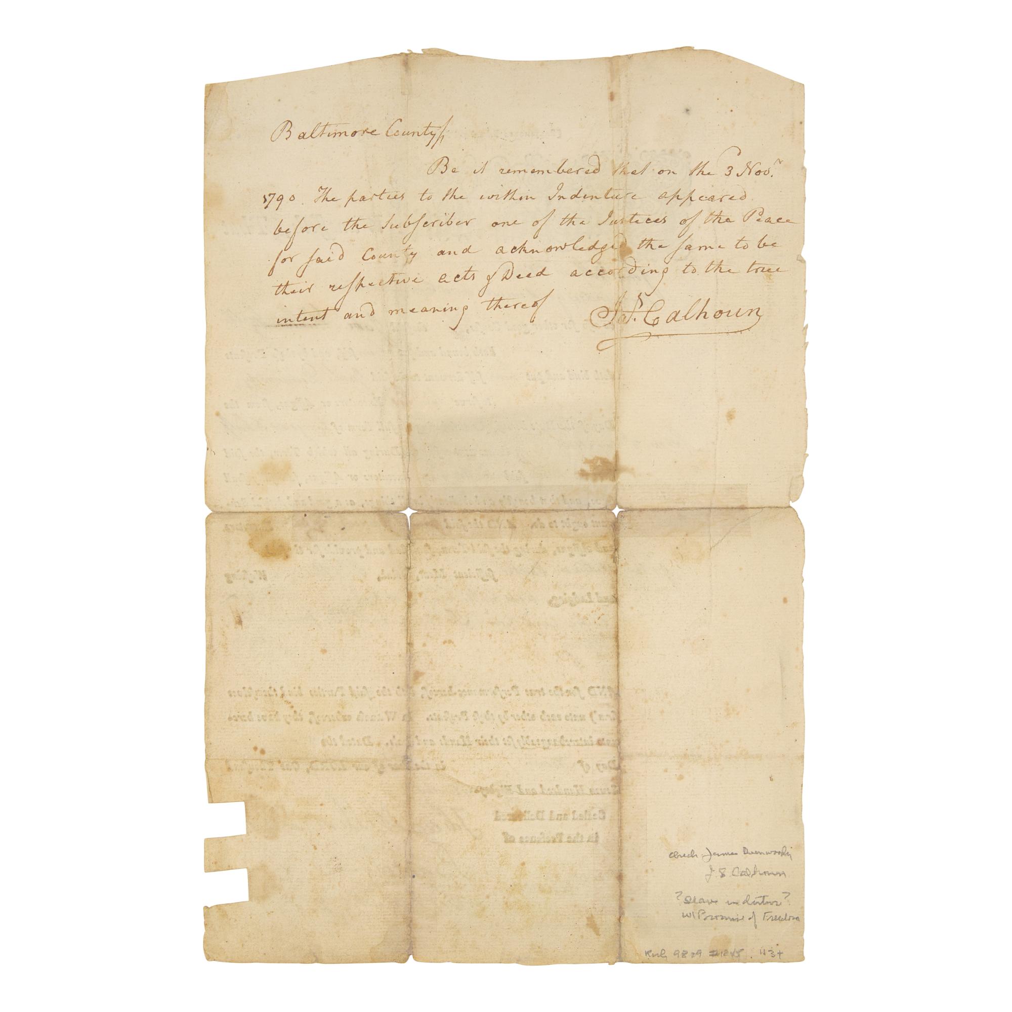 [Labor] Partially-Printed Indentured Servitude Agreement, Baltimore, 1790